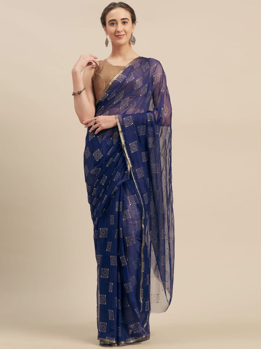 

MOKSHA DESIGNS Navy Blue & Gold-Toned Ethnic Motifs Pure Chiffon Saree