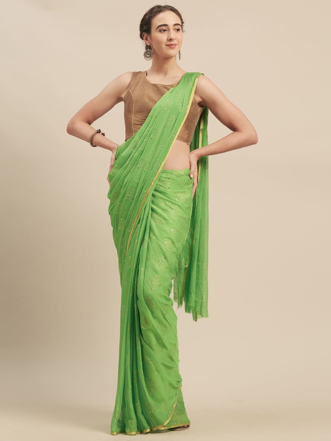 

MOKSHA DESIGNS Green & Gold-Toned Ethnic Motifs Pure Chiffon Saree