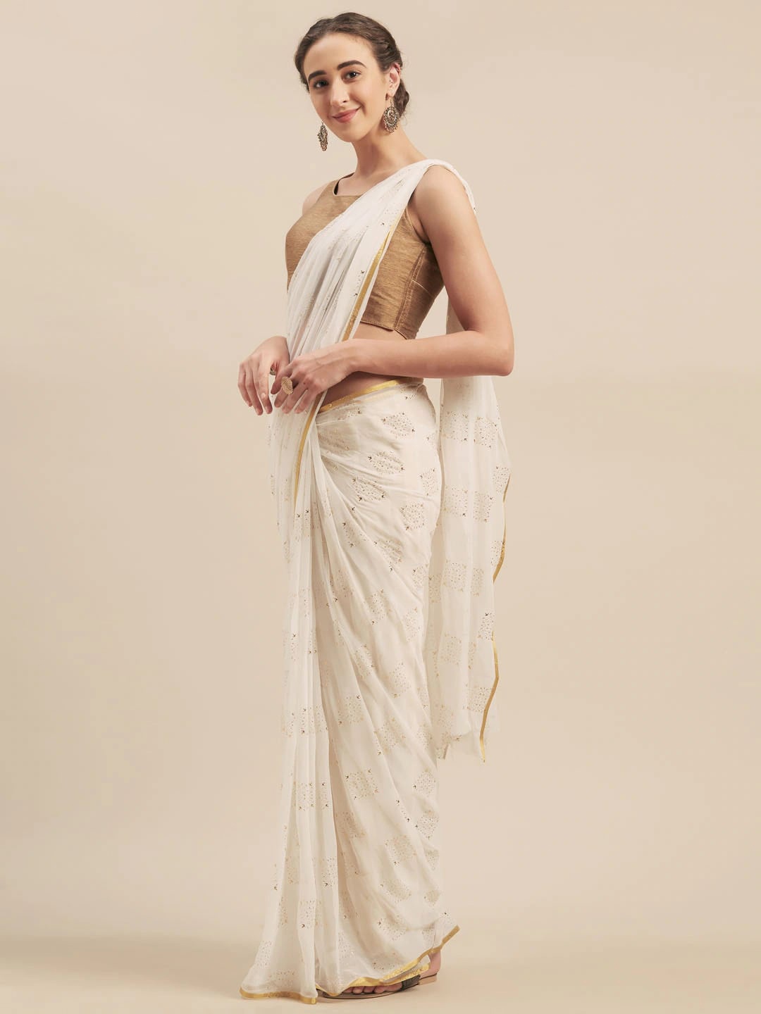 

MOKSHA DESIGNS White & Gold-Toned Ethnic Motifs Pure Chiffon Saree