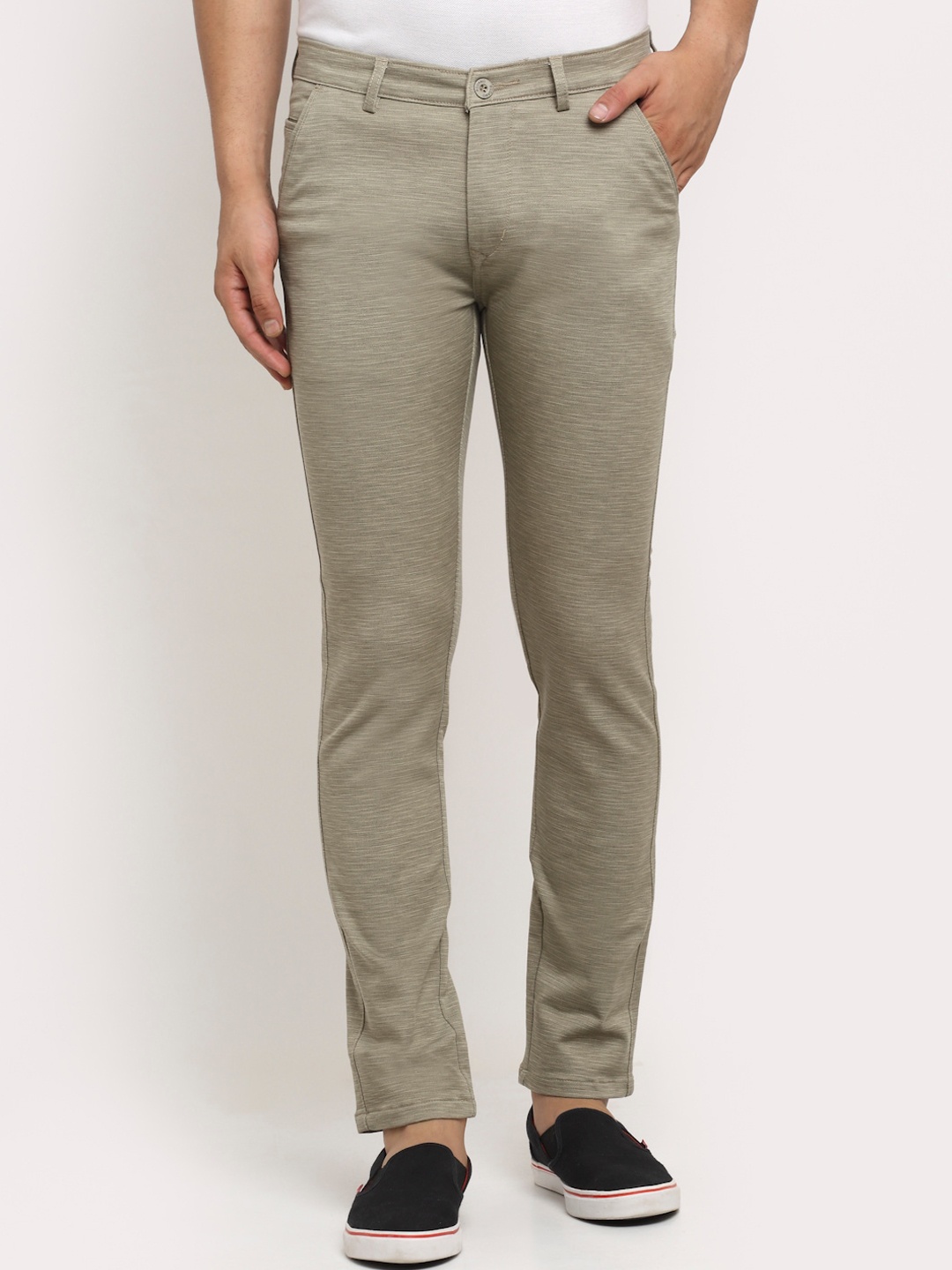 

Rodamo Men Khaki Textured Slim Fit Trousers