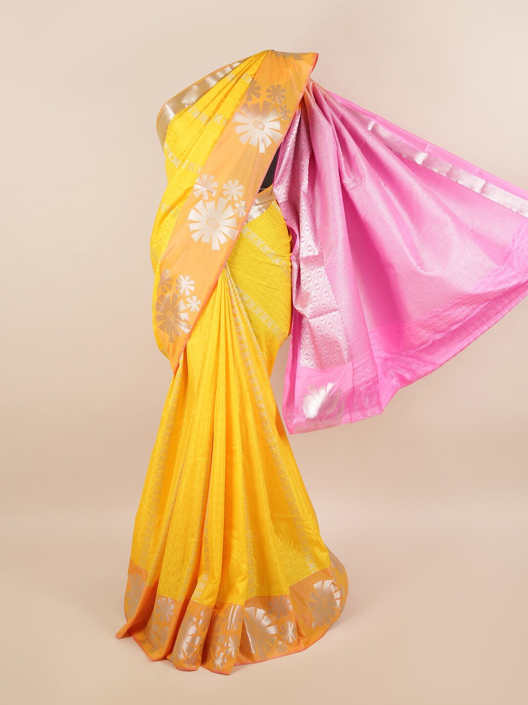 

Pothys Yellow & Pink Floral Motifs Zari Silk Blend Saree