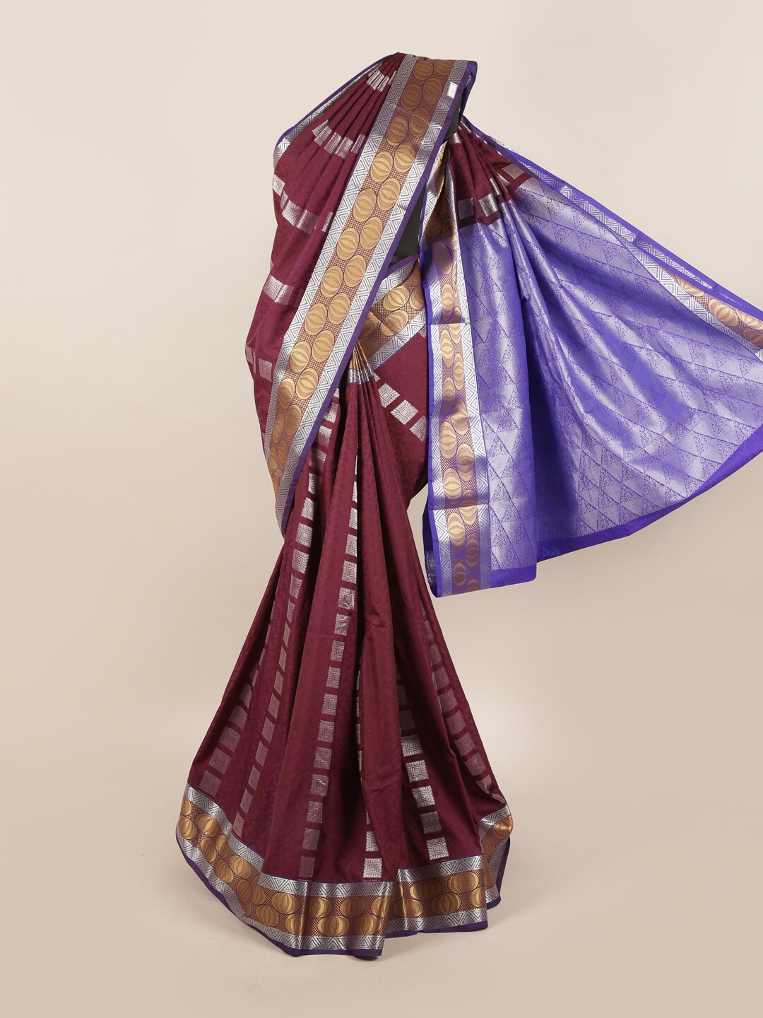 

Pothys Purple & Silver-Toned Ethnic Motifs Zari Silk Blend Saree