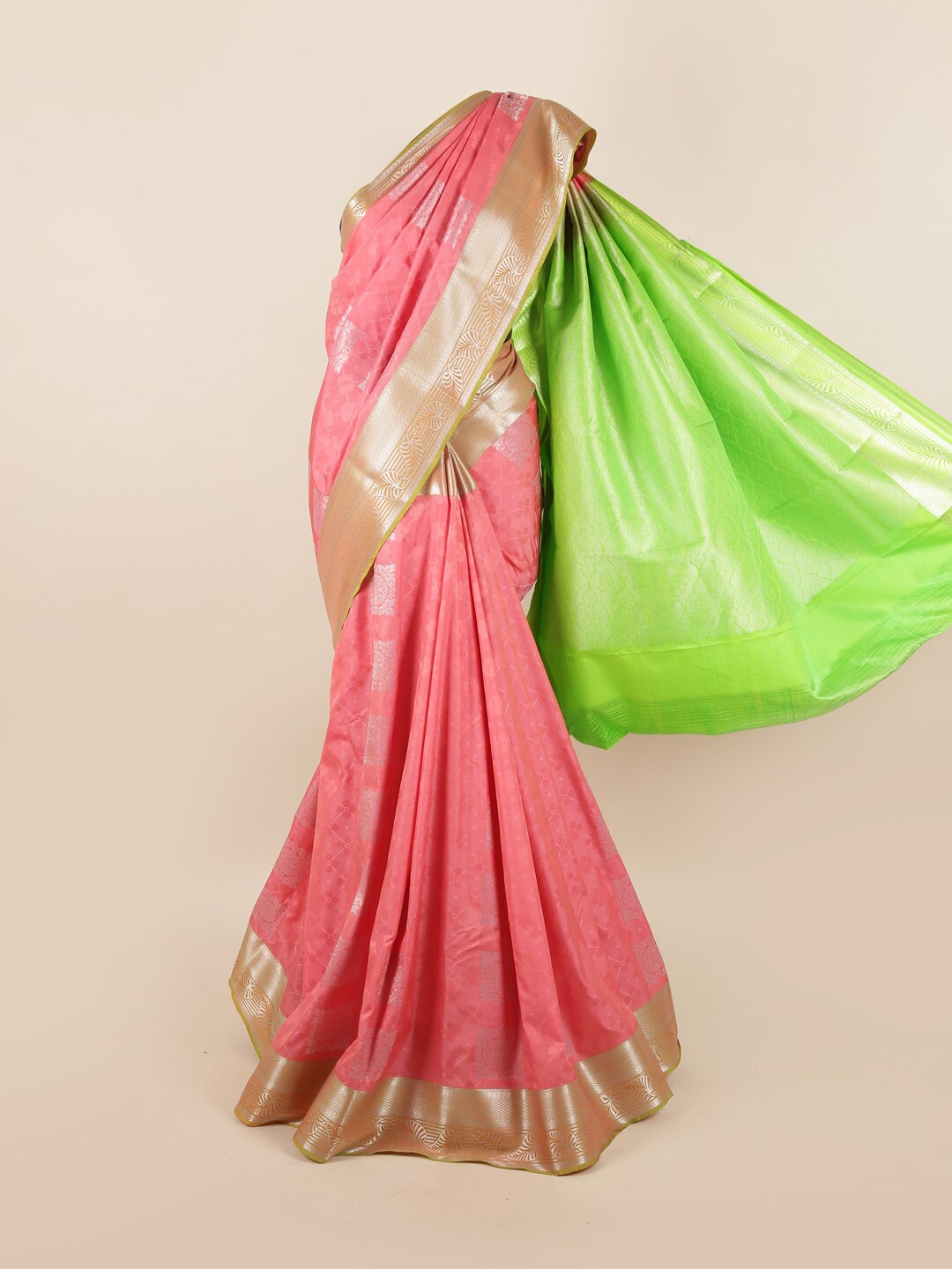 

Pothys Pink & Gold-Toned Floral Zari Silk Blend Saree