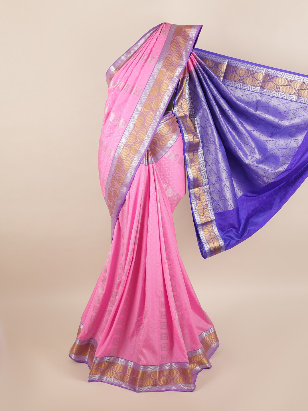 

Pothys Pink & Silver-Toned Zari Silk Blend Saree
