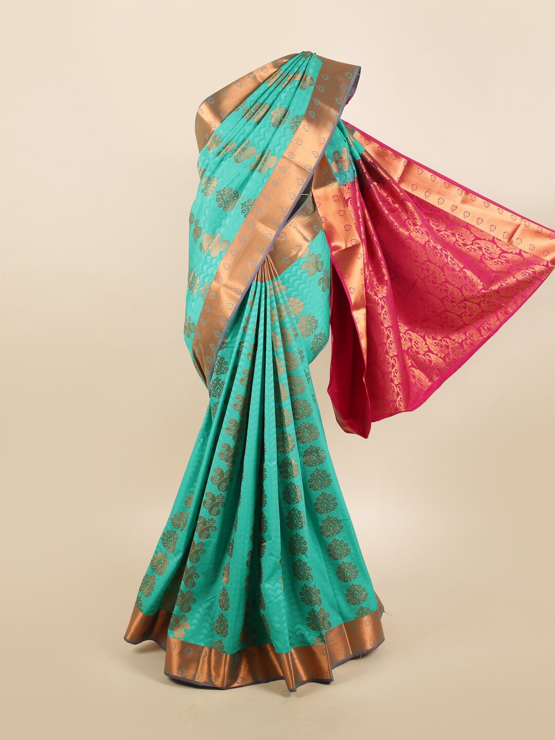 

Pothys Blue & Copper-Toned Ethnic Motifs Zari Silk Blend Saree