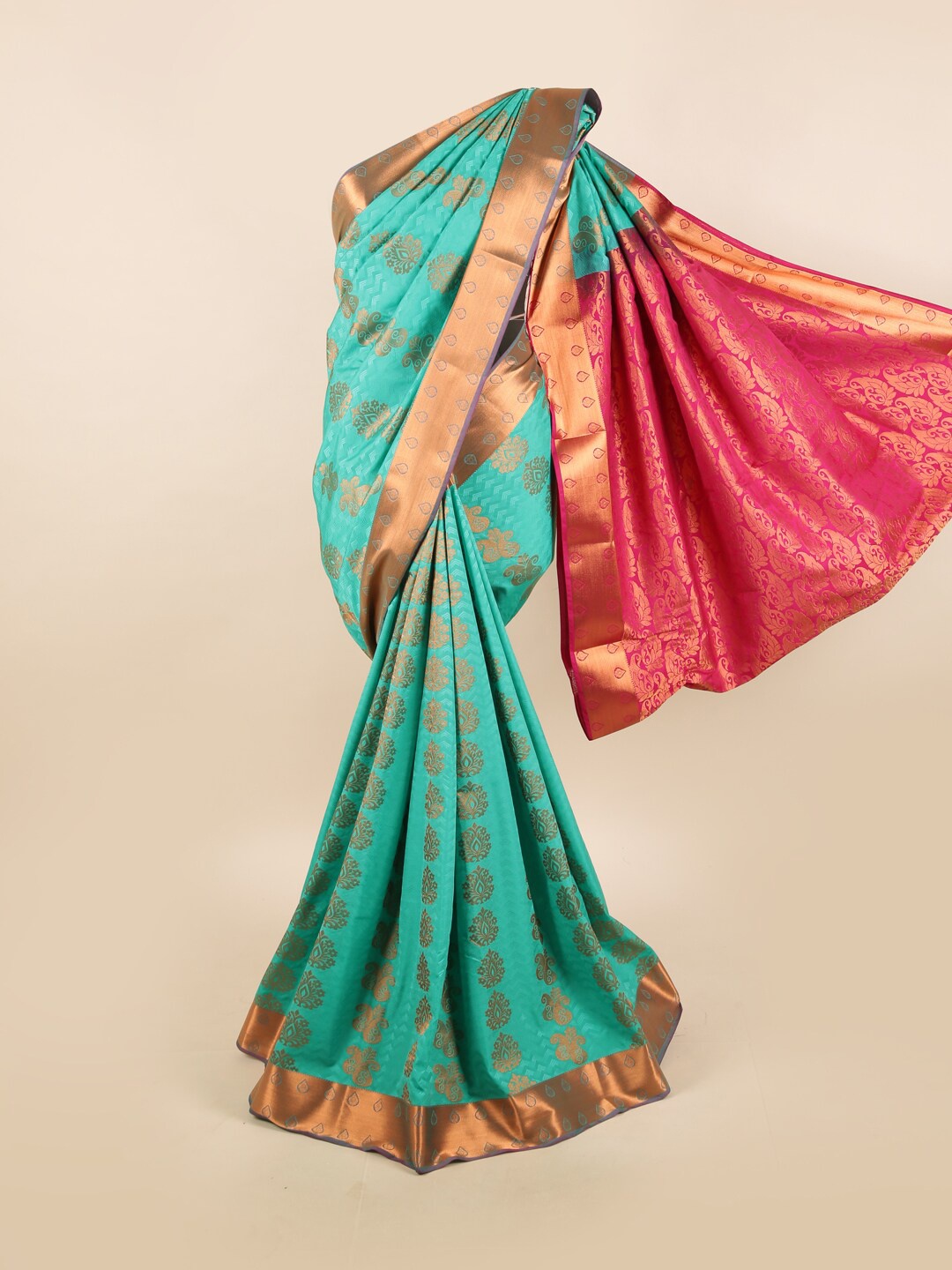 

Pothys Blue & Copper-Toned Ethnic Motifs Zari Silk Blend Saree