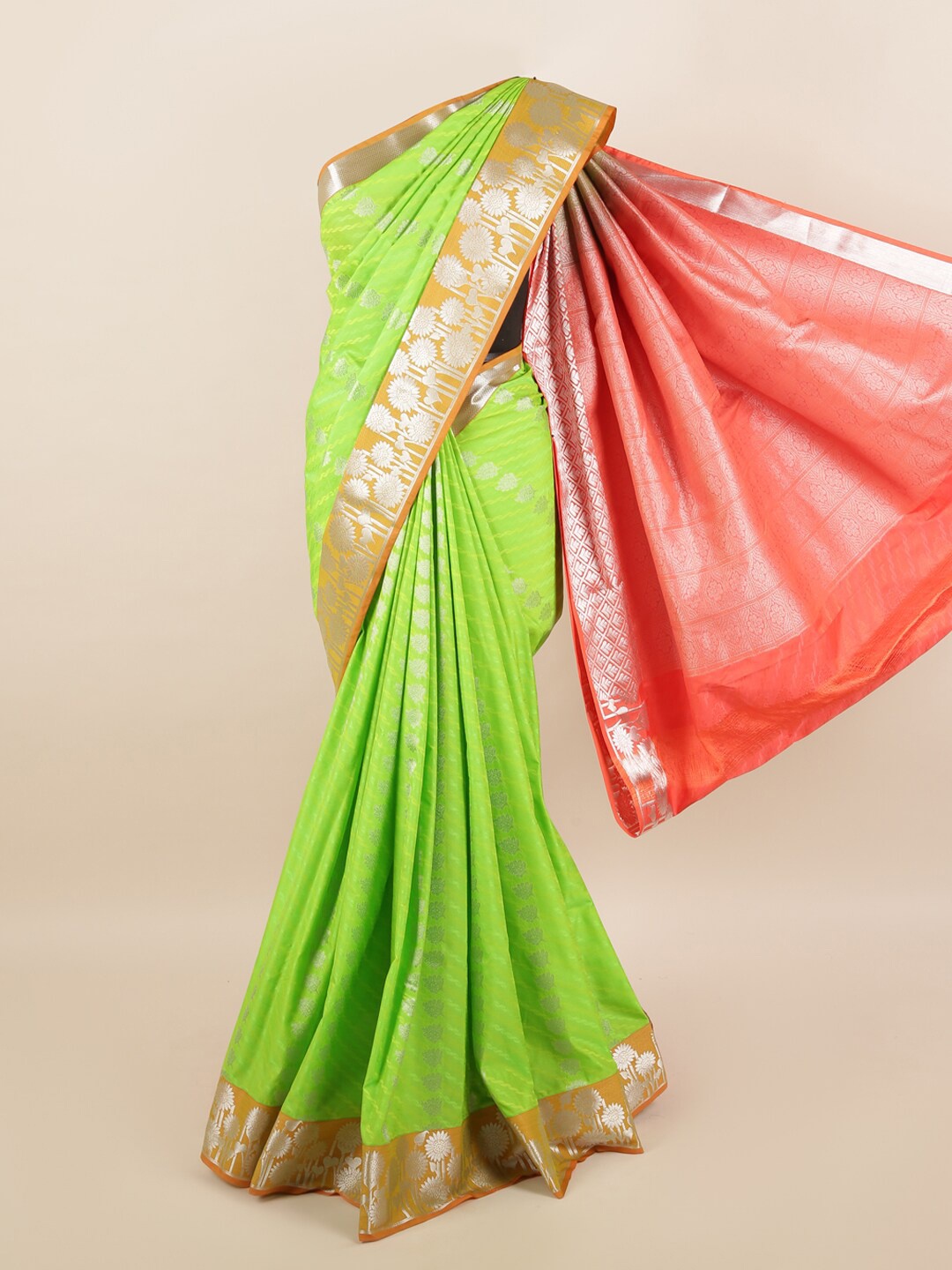 

Pothys Lime Green & Silver-Toned Floral Zari Silk Blend Saree