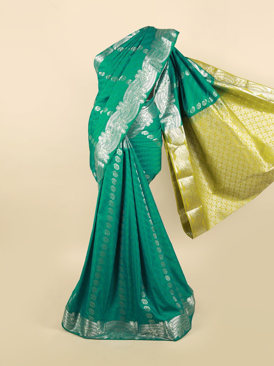 

Pothys Green & Silver-Toned Ethnic Motifs Zari Silk Blend Saree