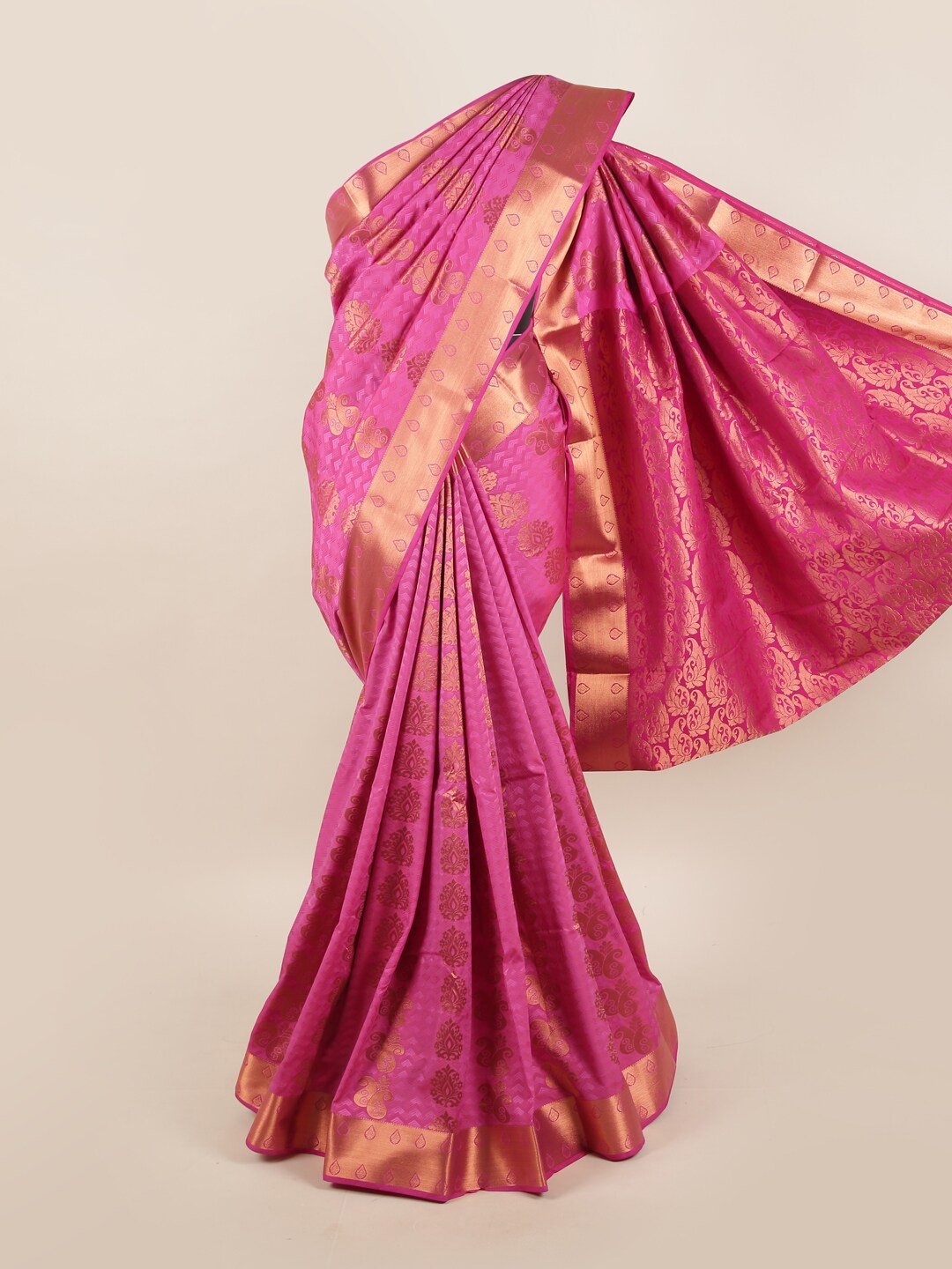 

Pothys Pink & Gold-Toned Ethnic Motifs Zari Silk Blend Saree