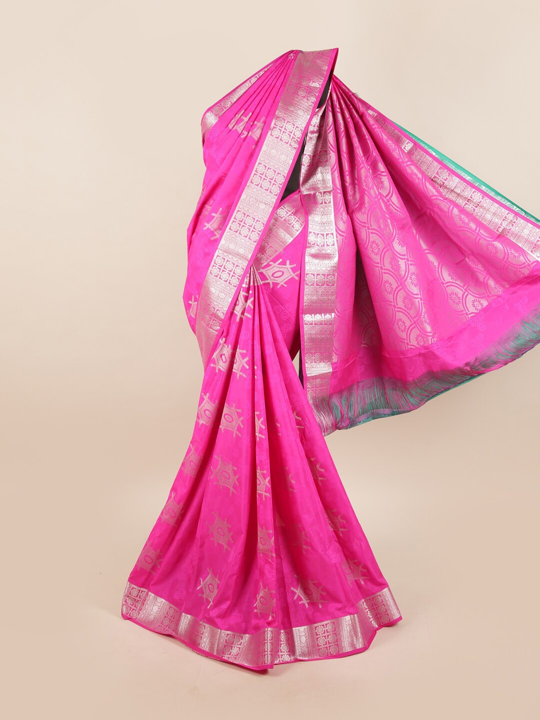 

Pothys Pink & Silver-Toned Woven Design Zari Silk Blend Saree