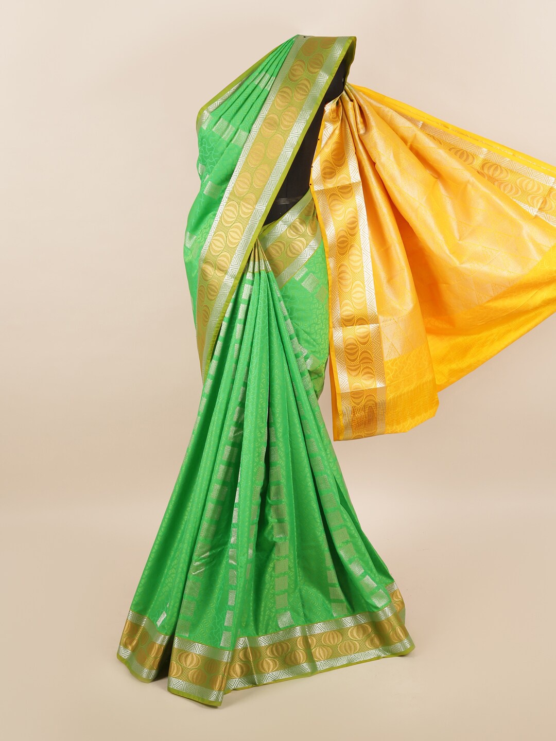 

Pothys Gold-Toned & Yellow Woven Design Zari Silk Blend Saree