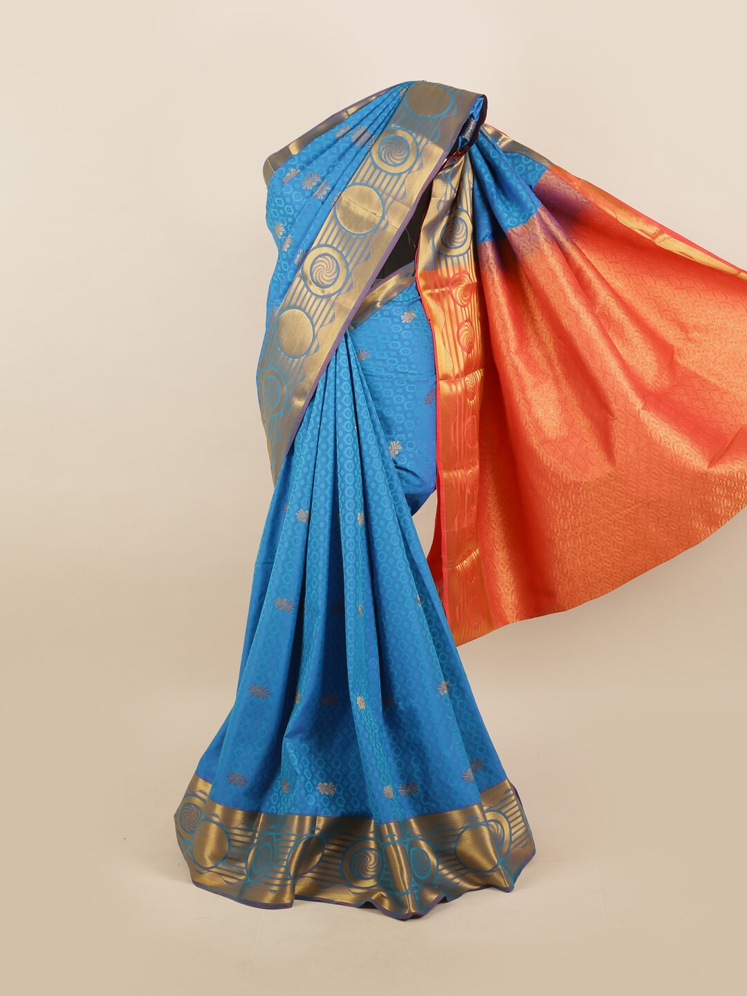 

Pothys Blue & Orange Woven Design Zari Silk Blend Saree