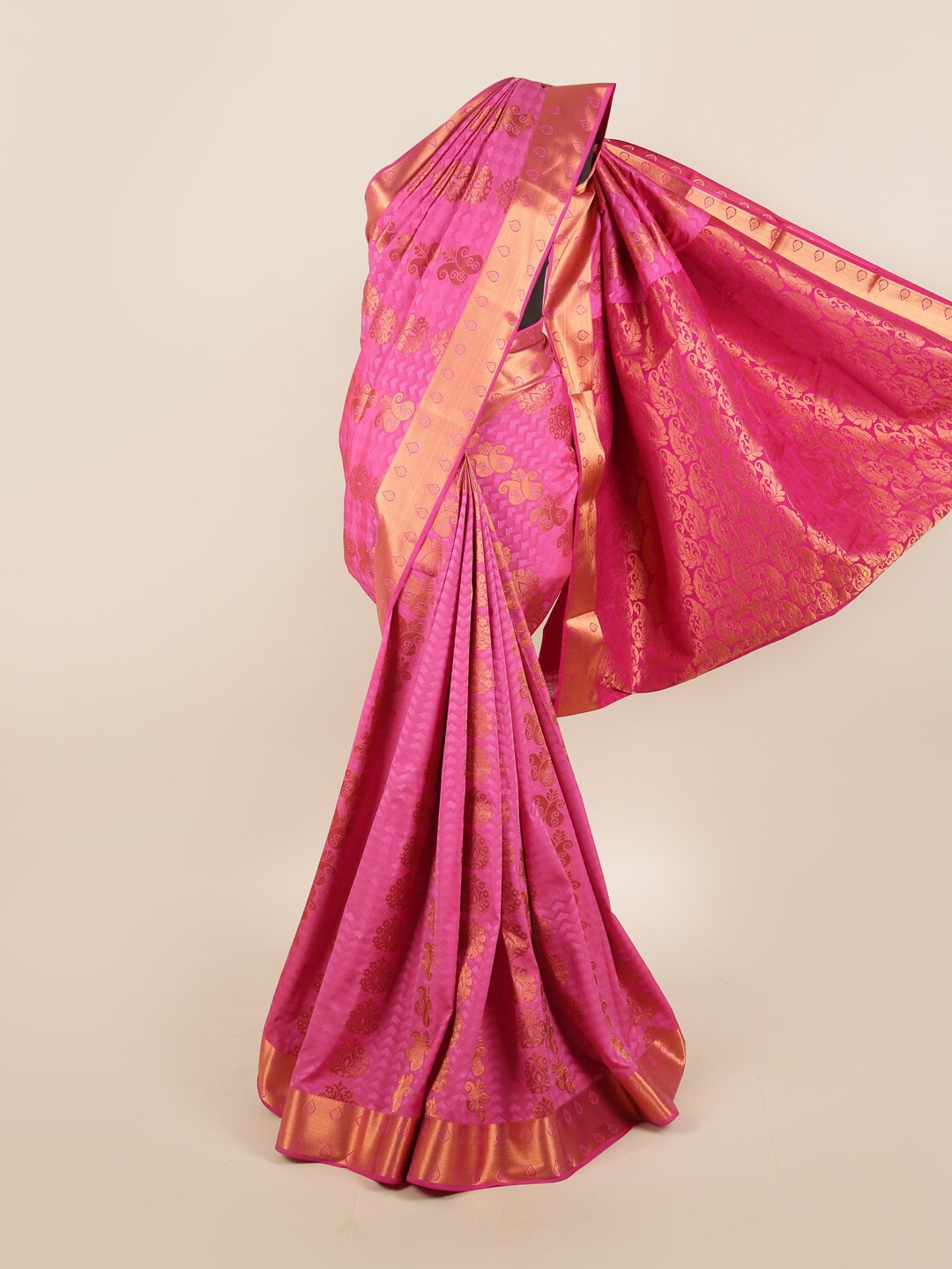 

Pothys Pink & Gold-Toned Ethnic Motifs Zari Silk Blend Saree