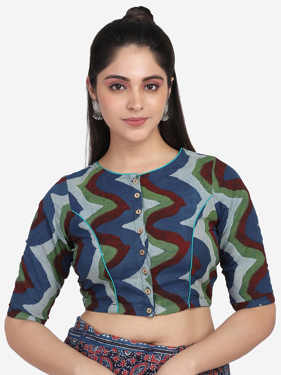 

THE WEAVE TRAVELLER Blue & Maroon Ajrakh Hand Block Printed Cotton Ready Made Saree Blouse