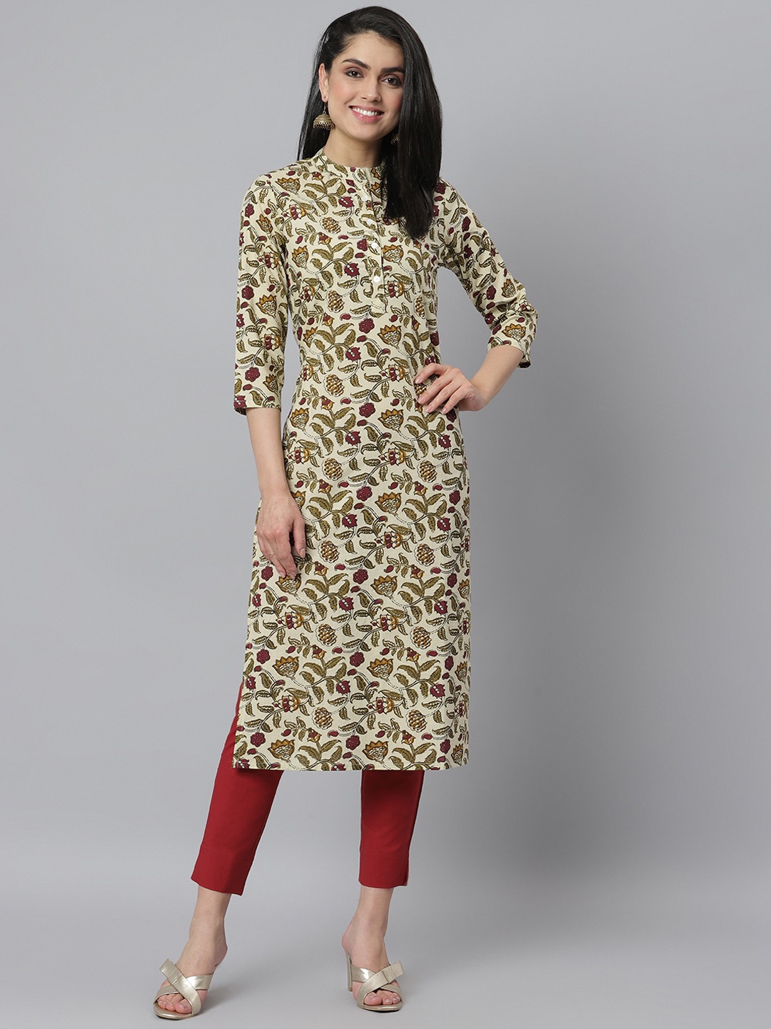 

Stylum Women Beige Floral Printed Thread Work Kurta