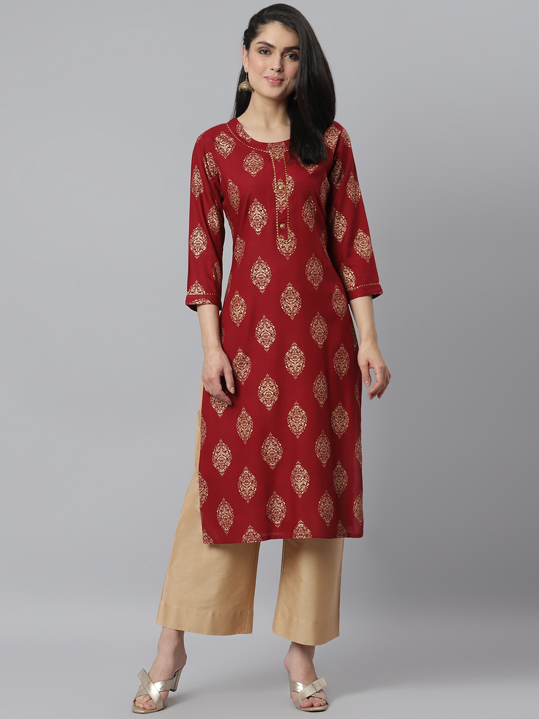 

Stylum Women Maroon Ethnic Motifs Keyhole Neck Kurta