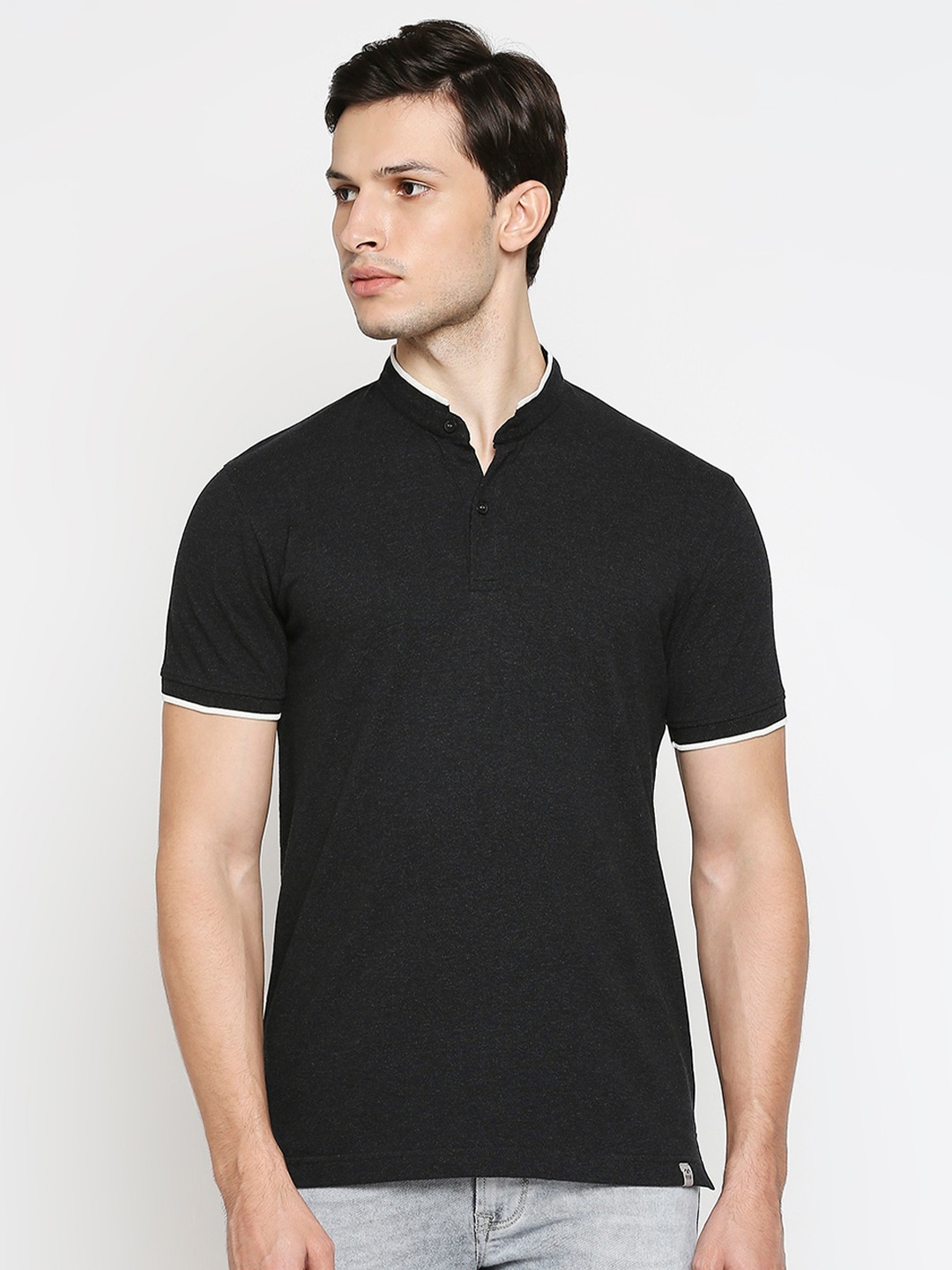 

Mufti Men Black Mandarin Collar Slim Fit T-shirt