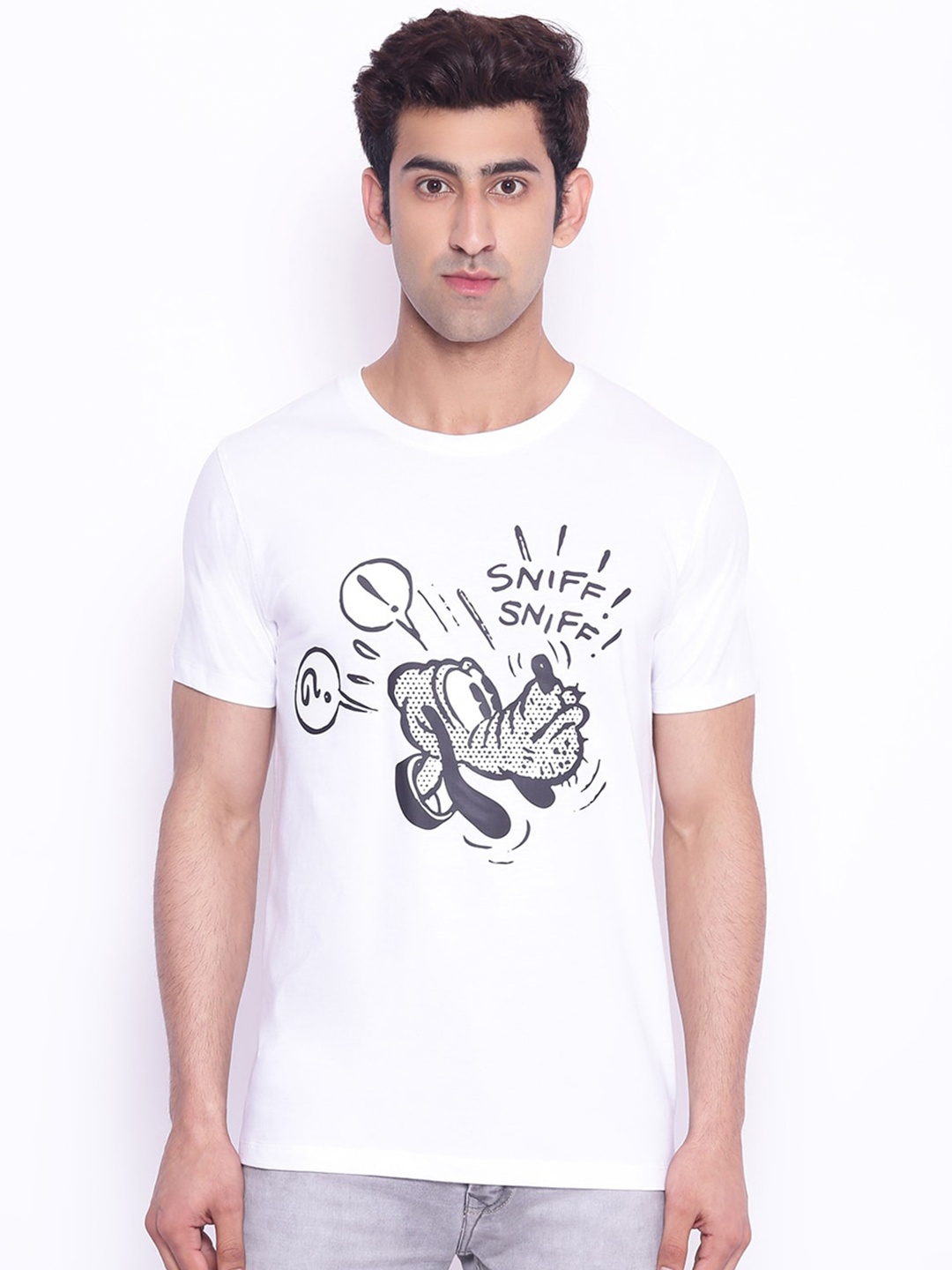 

Disney by Wear Your Mind Men White Black Pluto Printed Pure Cotton T-shirt