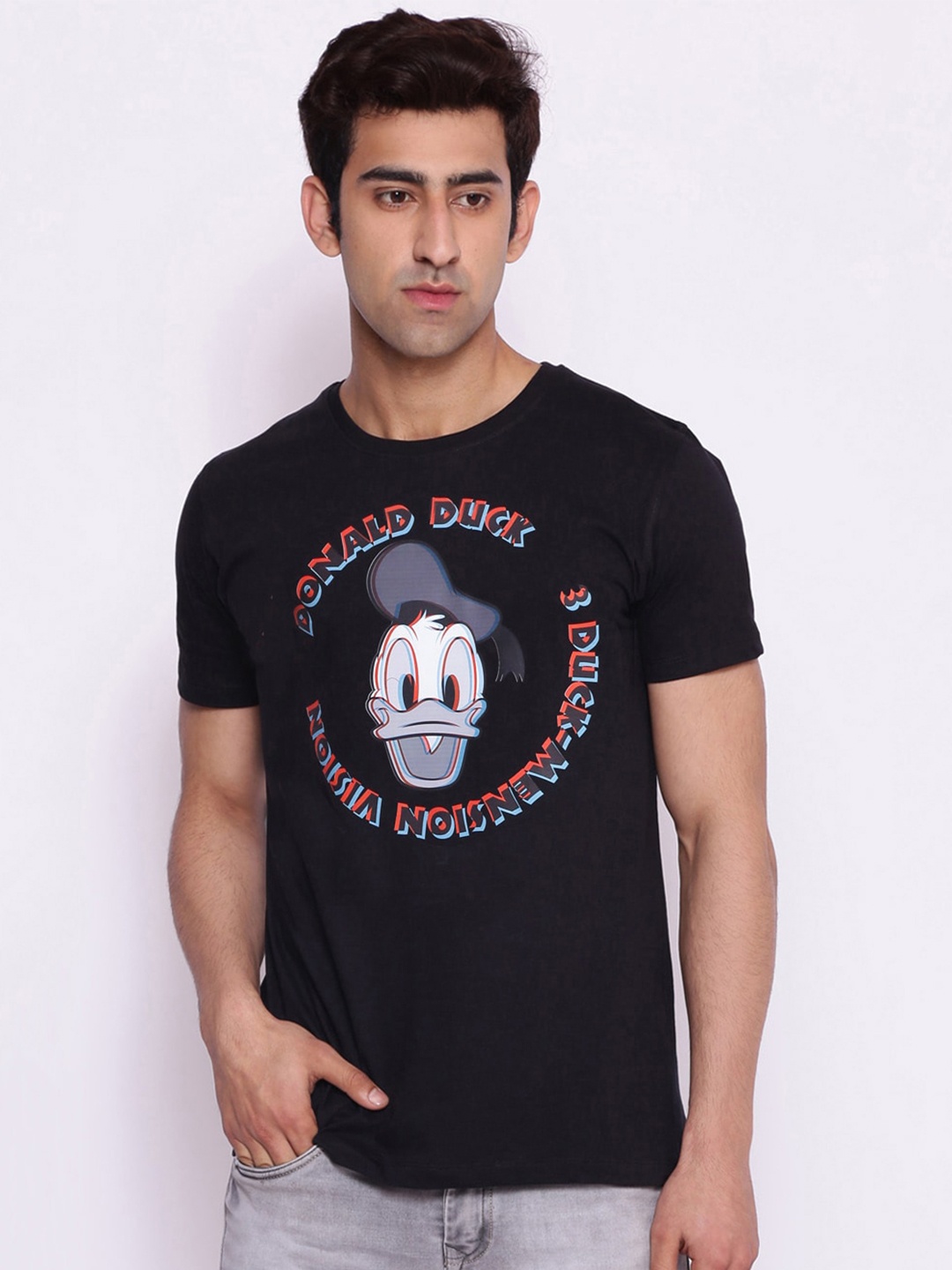 

Disney by Wear Your Mind Men Black Blue Donald Duck Printed Pure Cotton T-shirt