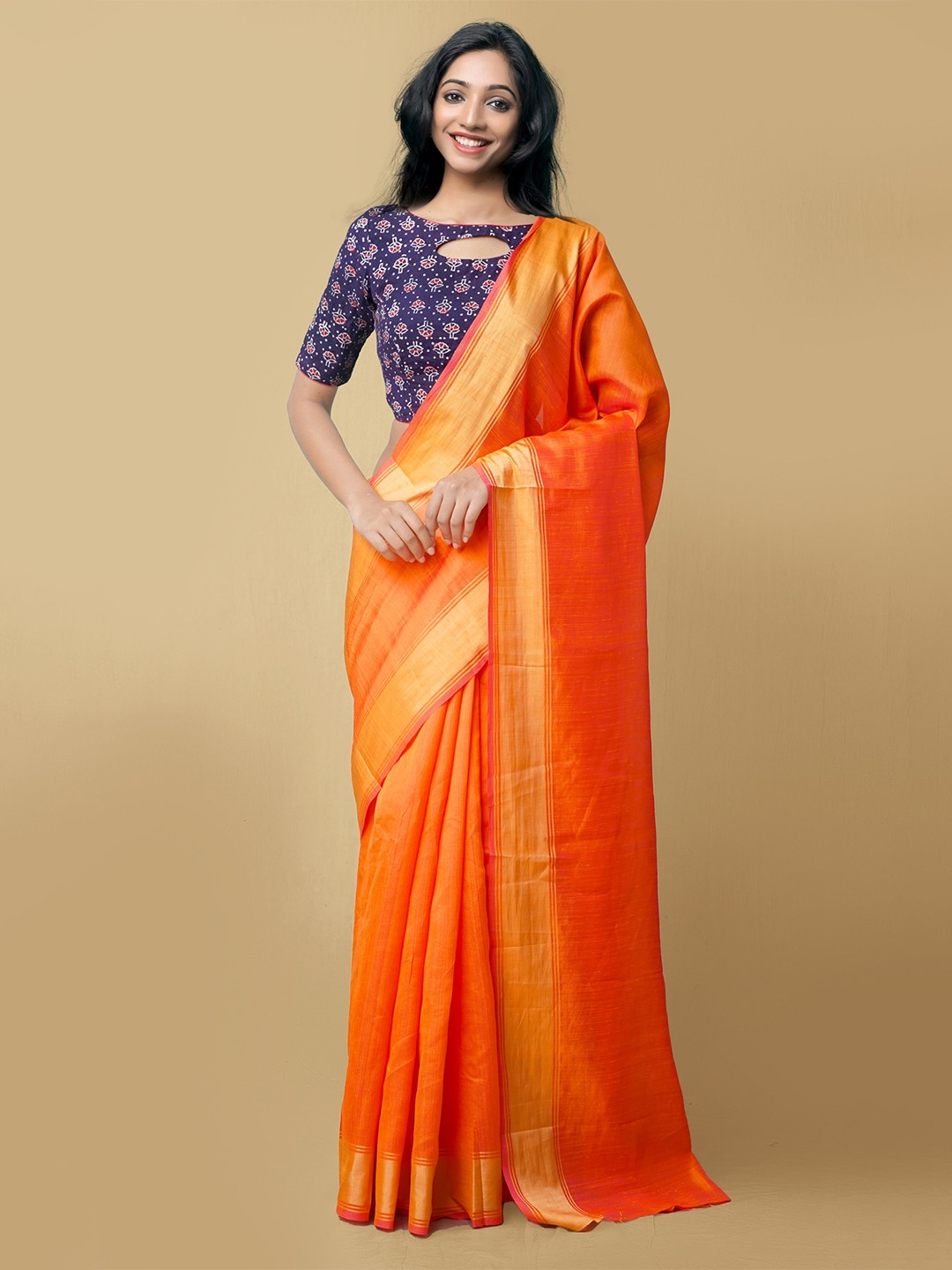 

Unnati Silks Women Orange & Gold-Toned Fancy Art Silk Saree