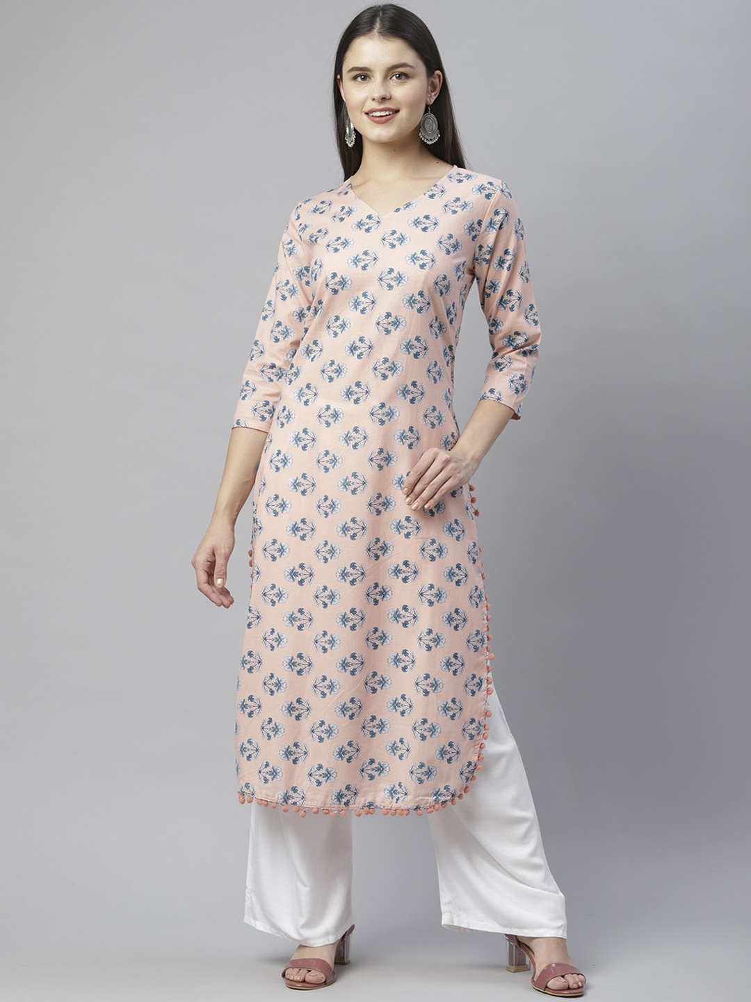 

HERE&NOW Women Peach-Coloured & Blue Ethnic Motifs Printed Cotton Kurta