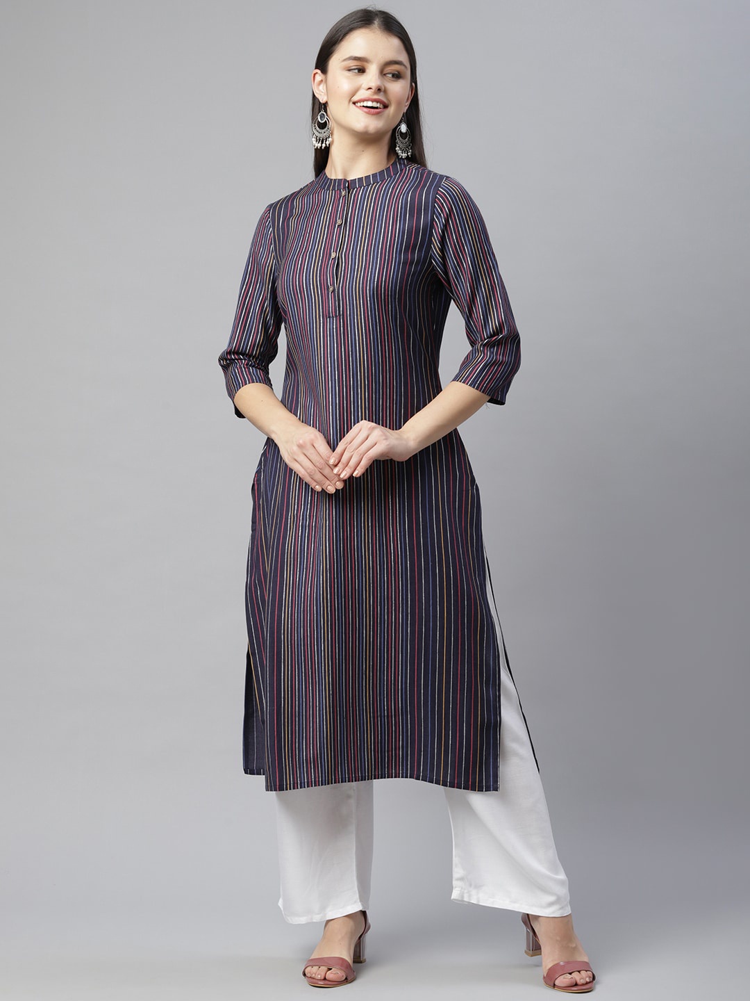 

HERE&NOW Women Navy Blue & Red Striped Kurta