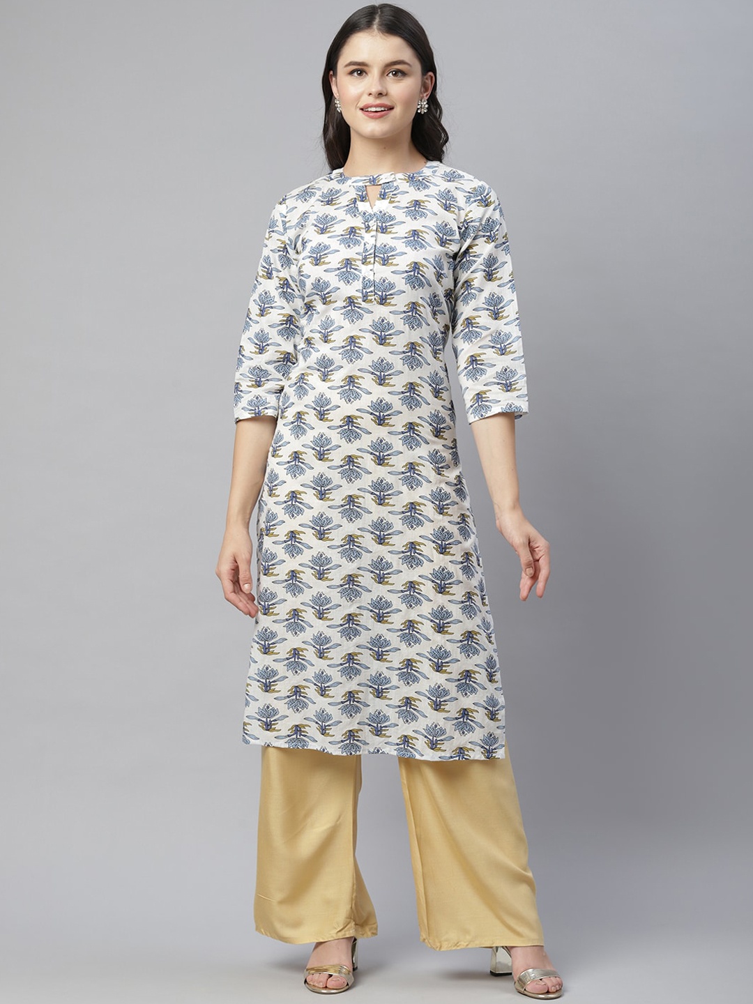 

HERE&NOW Women White & Blue Ethnic Motifs Printed Keyhole Neck Cotton Kurta