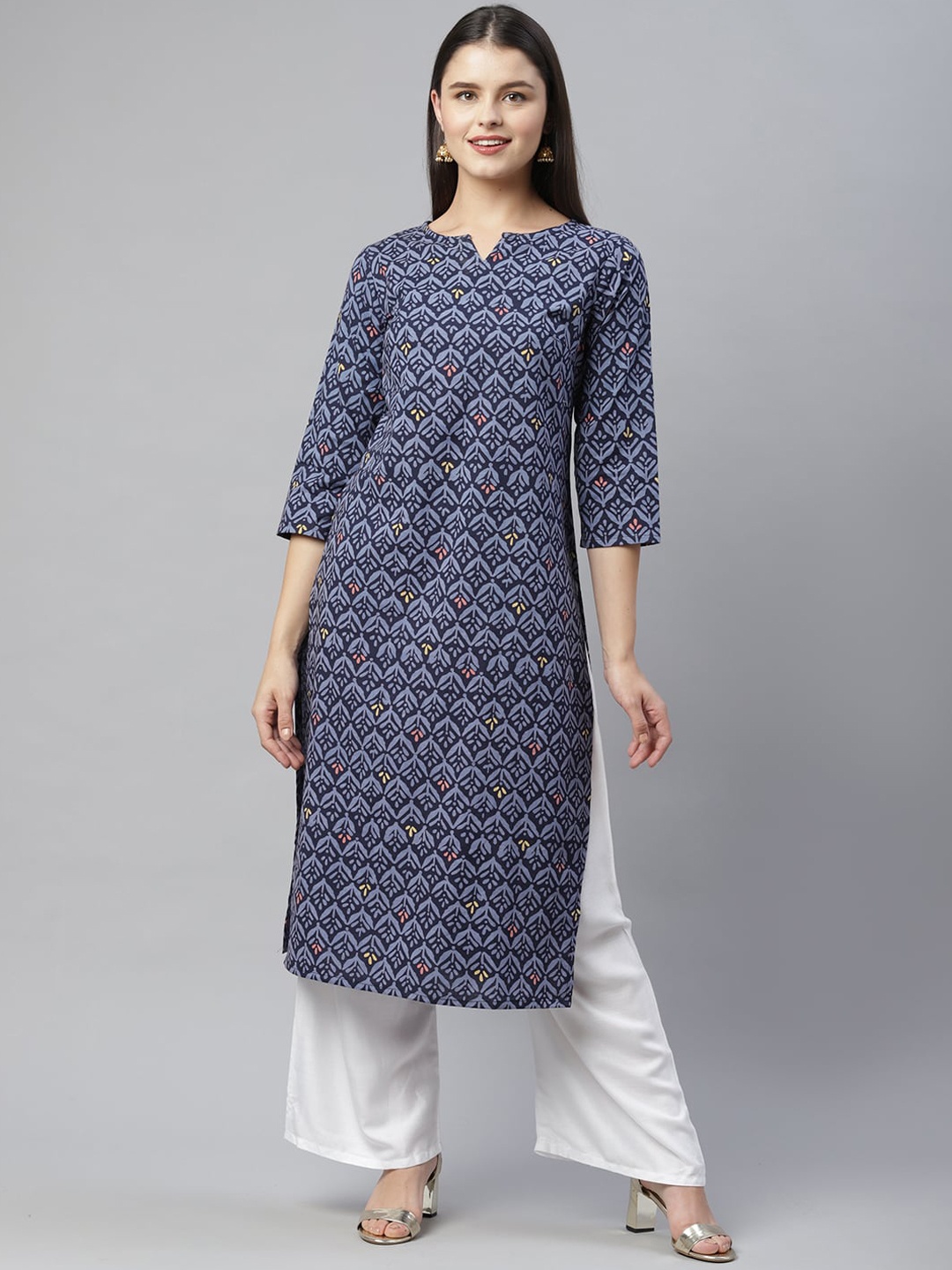 

HERE&NOW Women Navy Blue Printed Mirror Work Kurta