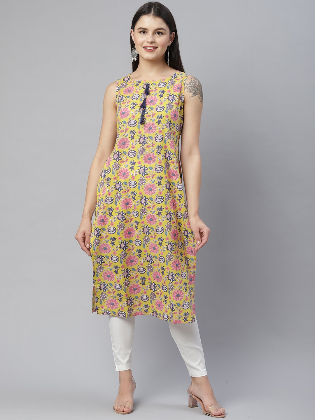 

HERE&NOW Women Yellow Floral Printed Kurta