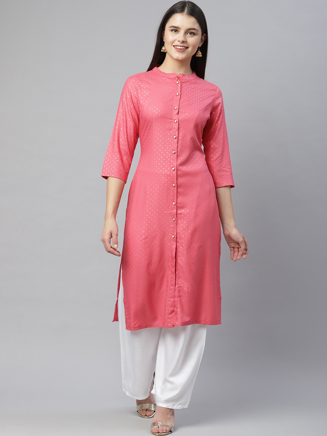 

HERE&NOW Women Pink & Gold-Toned Geometric Printed Kurta