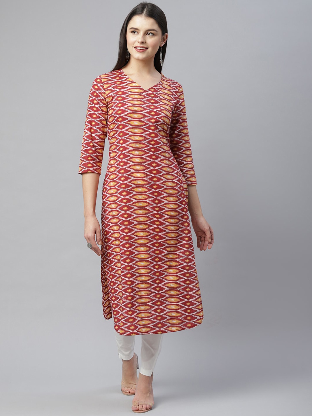 

HERE&NOW Women Red Geometric Striped Kurta