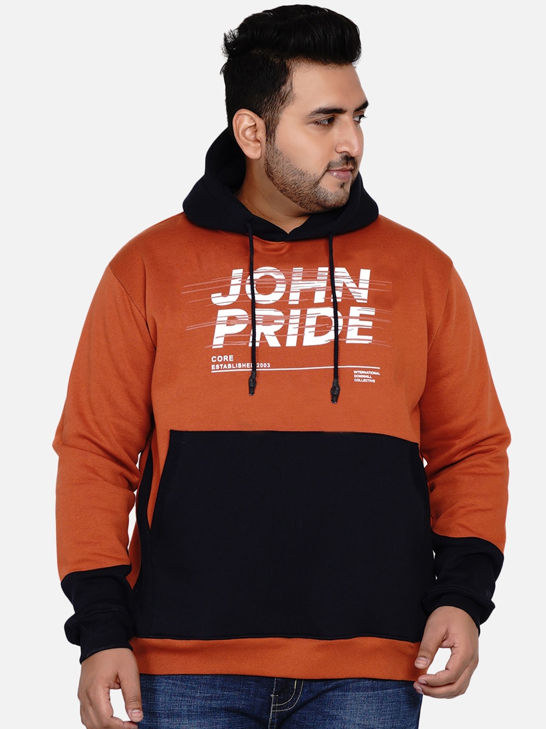 

John Pride Plus Size Men Rust Colourblocked Hooded Sweatshirt