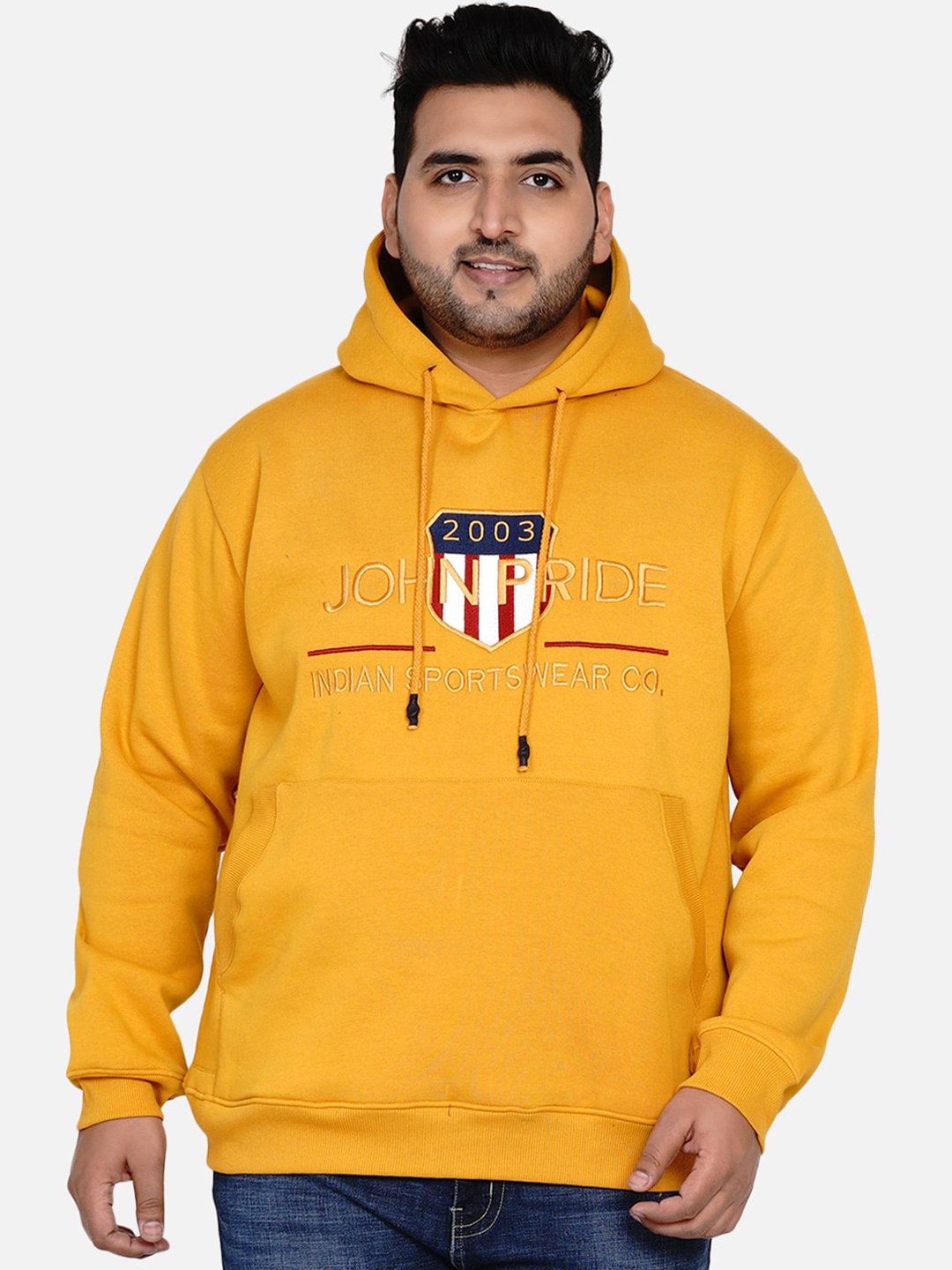 

John Pride Men Mustard Printed Hooded Sweatshirt