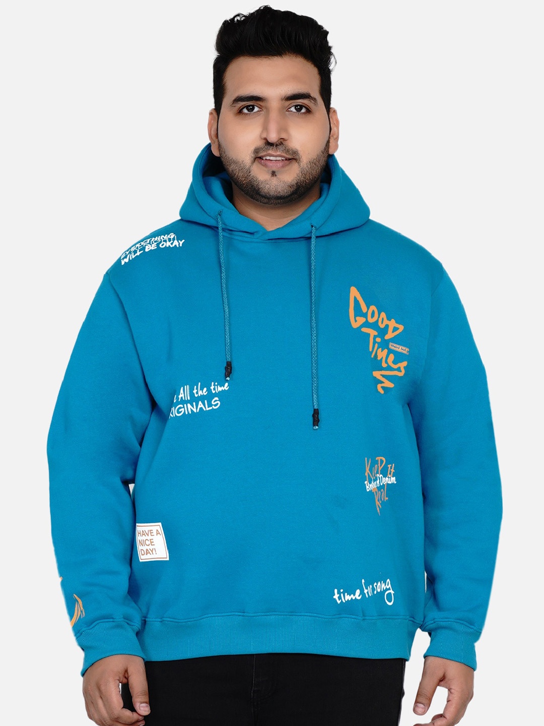 

John Pride Men Plus Size Blue & White Typography Printed Hooded Sweatshirt