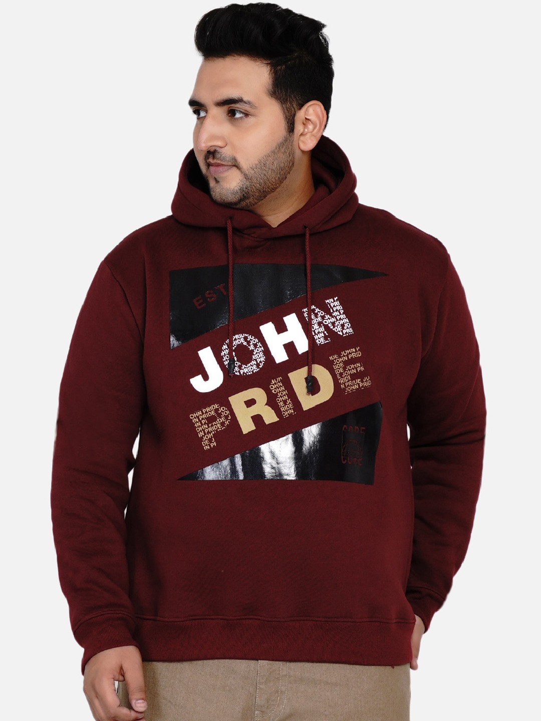 

John Pride Men Burgundy Graphic Printed Hooded Sweatshirt