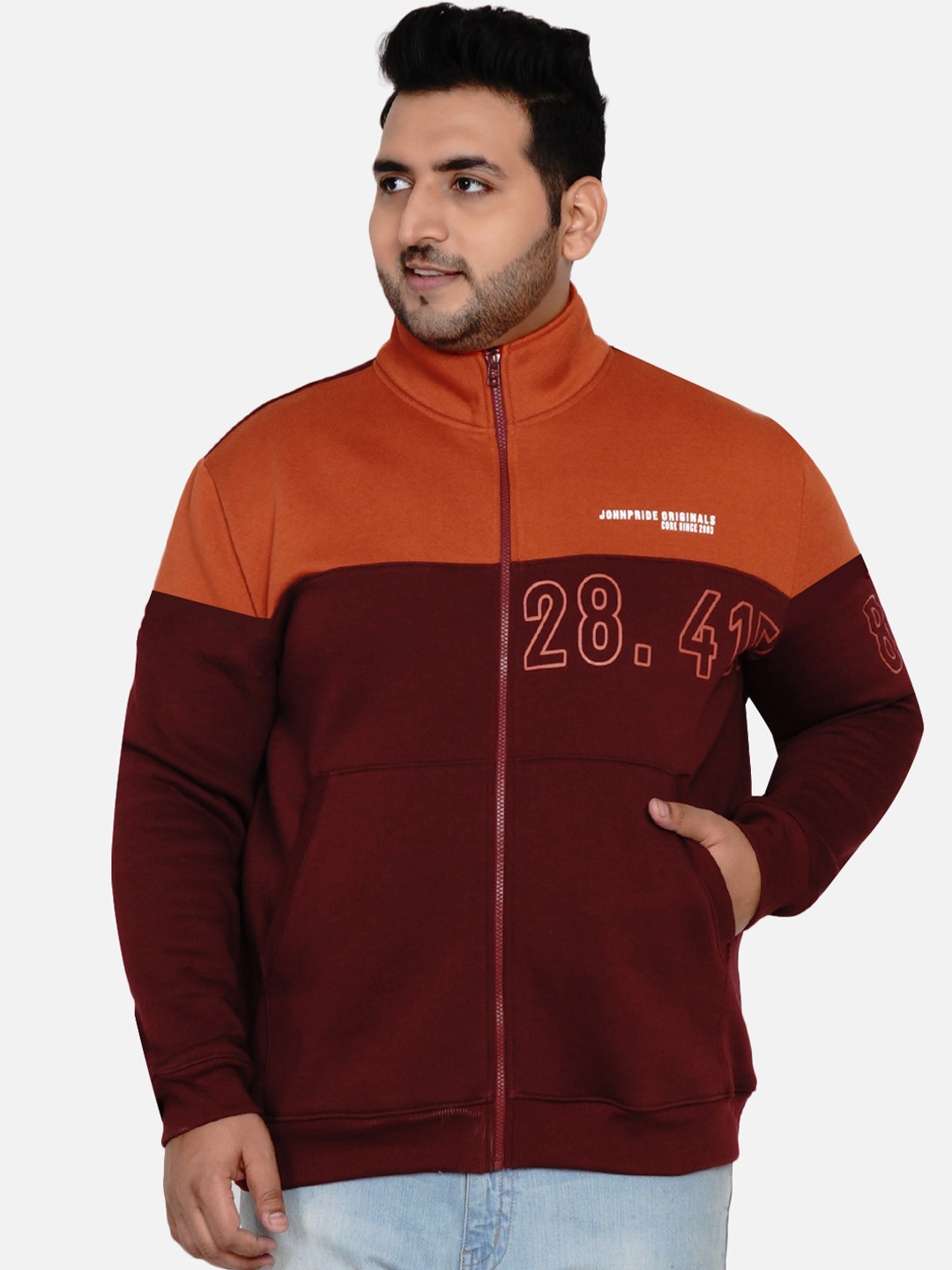 

John Pride Men Plus Size Burgundy & Orange Colourblocked Sweatshirt