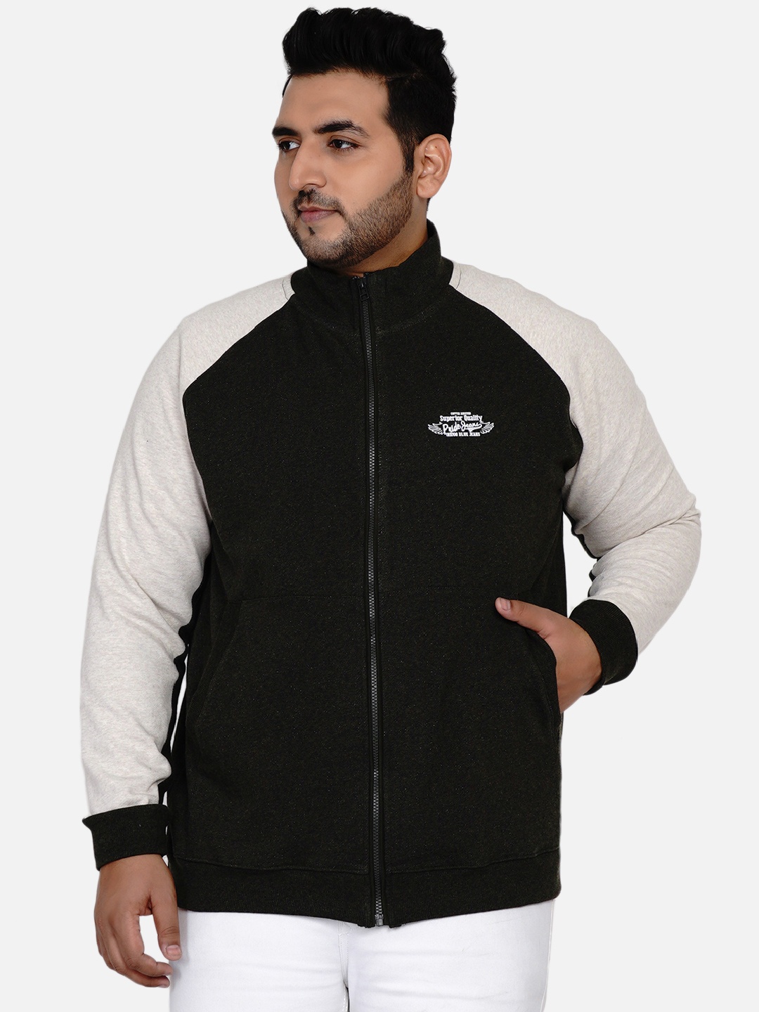 

John Pride Men Plus Size Olive Green & White Solid Sweatshirt