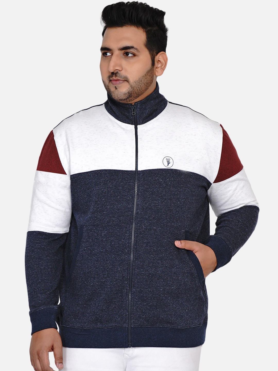 

John Pride Plus Size Men Navy Blue Colourblocked Sweatshirt