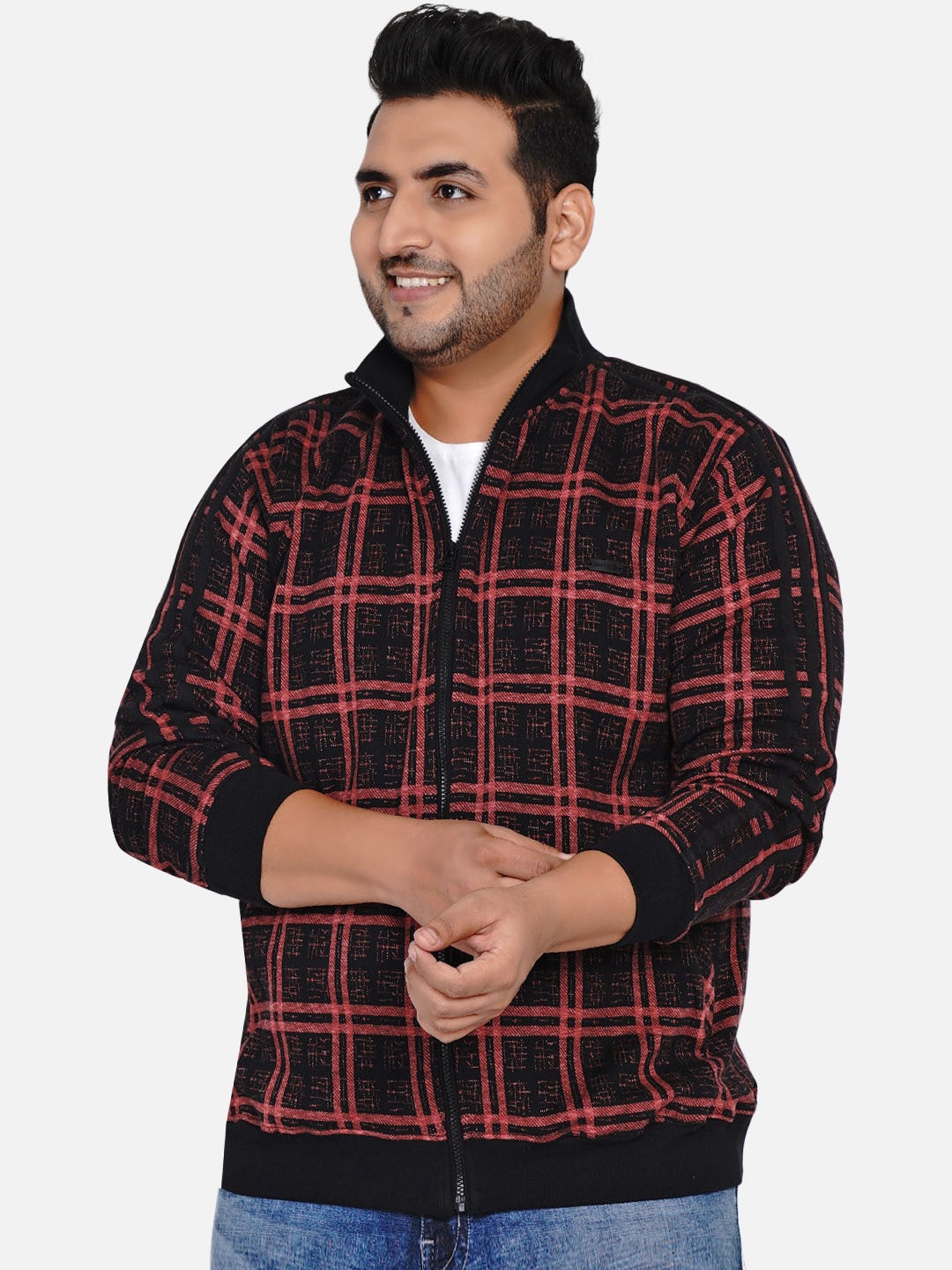 

John Pride Men Plus Size Maroon & Black Checked Sweatshirt
