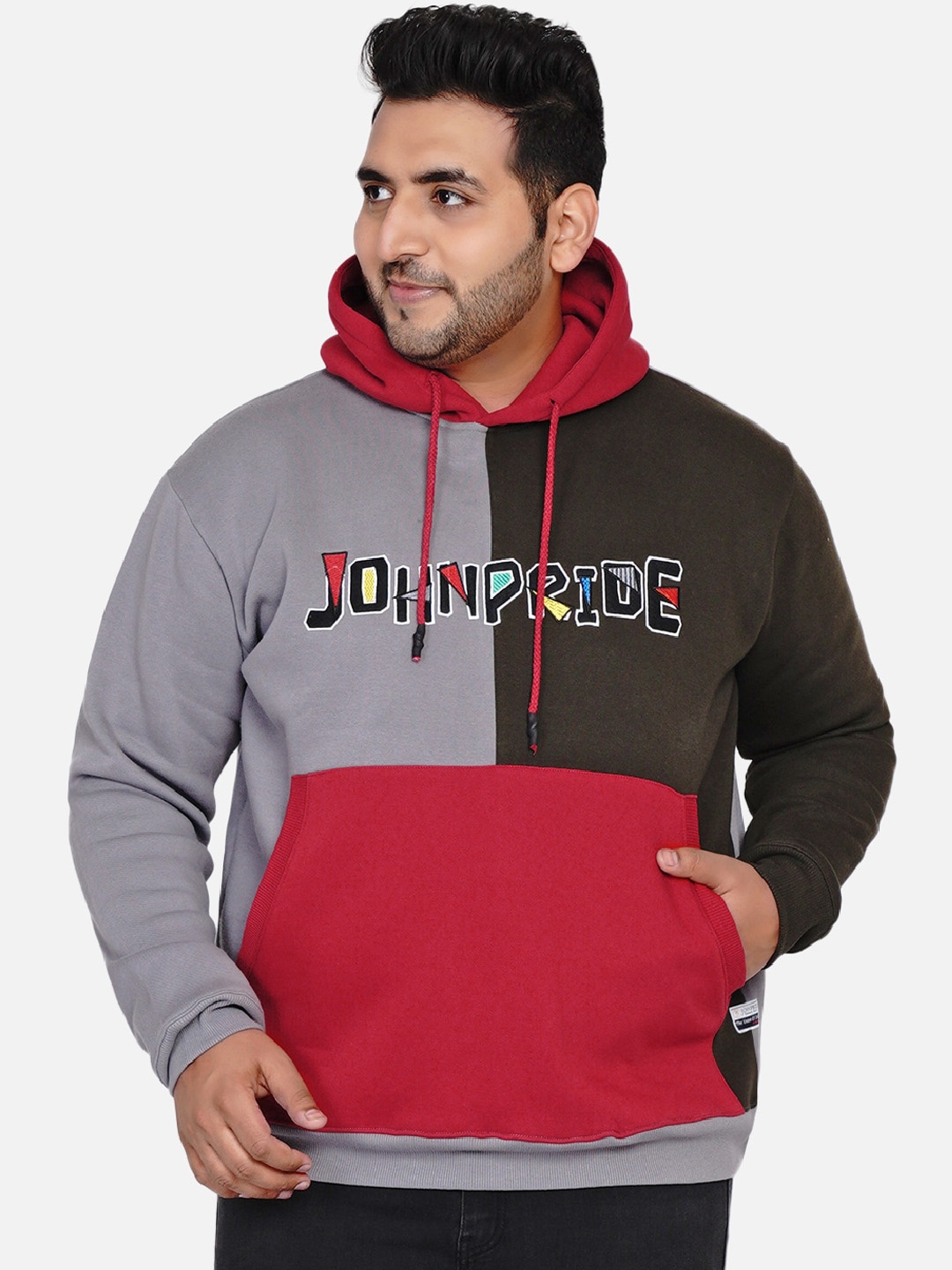 

John Pride Men Plus Size Colourblocked Hooded Sweatshirt, Grey