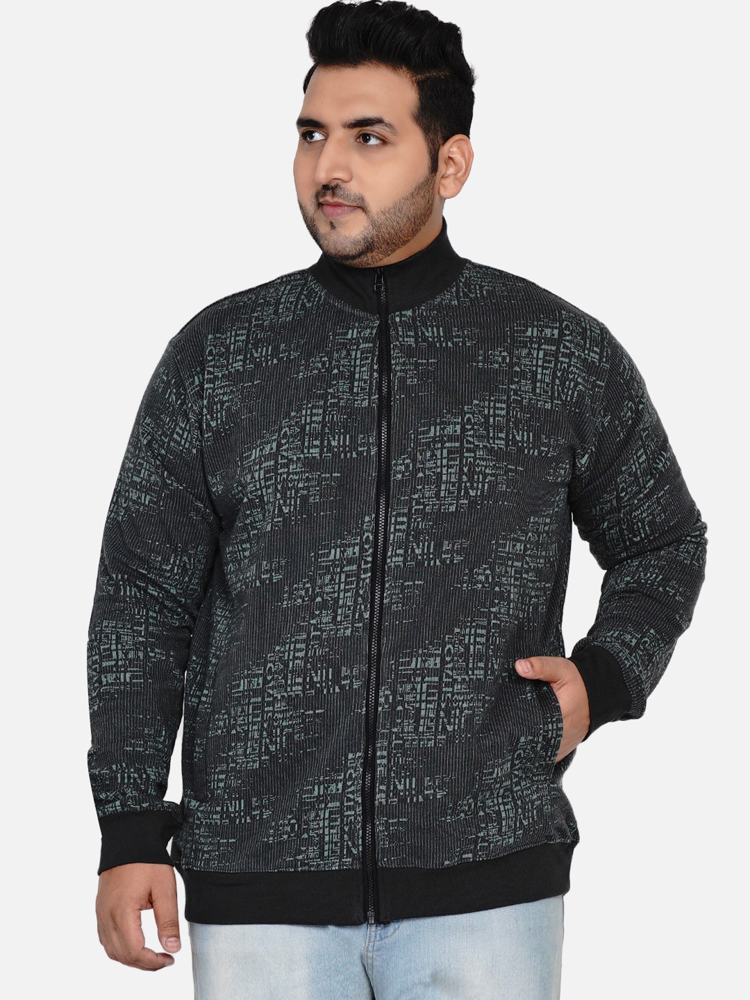 

John Pride Men Green Printed Front Open Sweatshirt