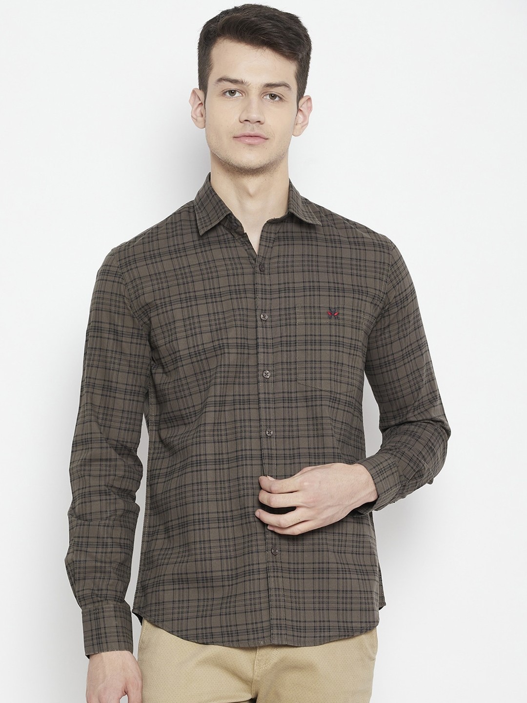 

Crimsoune Club Men Olive Green & Black Slim Fit Opaque Checked Pure Cotton Casual Shirt
