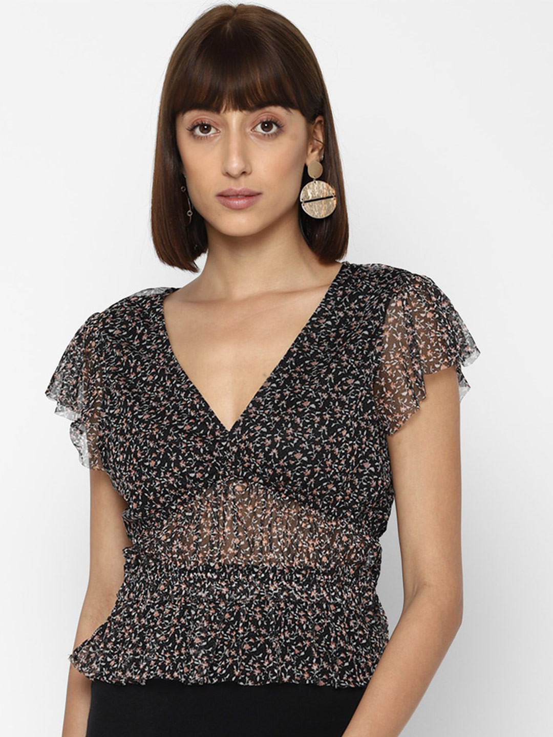 

AMERICAN EAGLE OUTFITTERS Black Ditsy Printed Sheer Regular Top