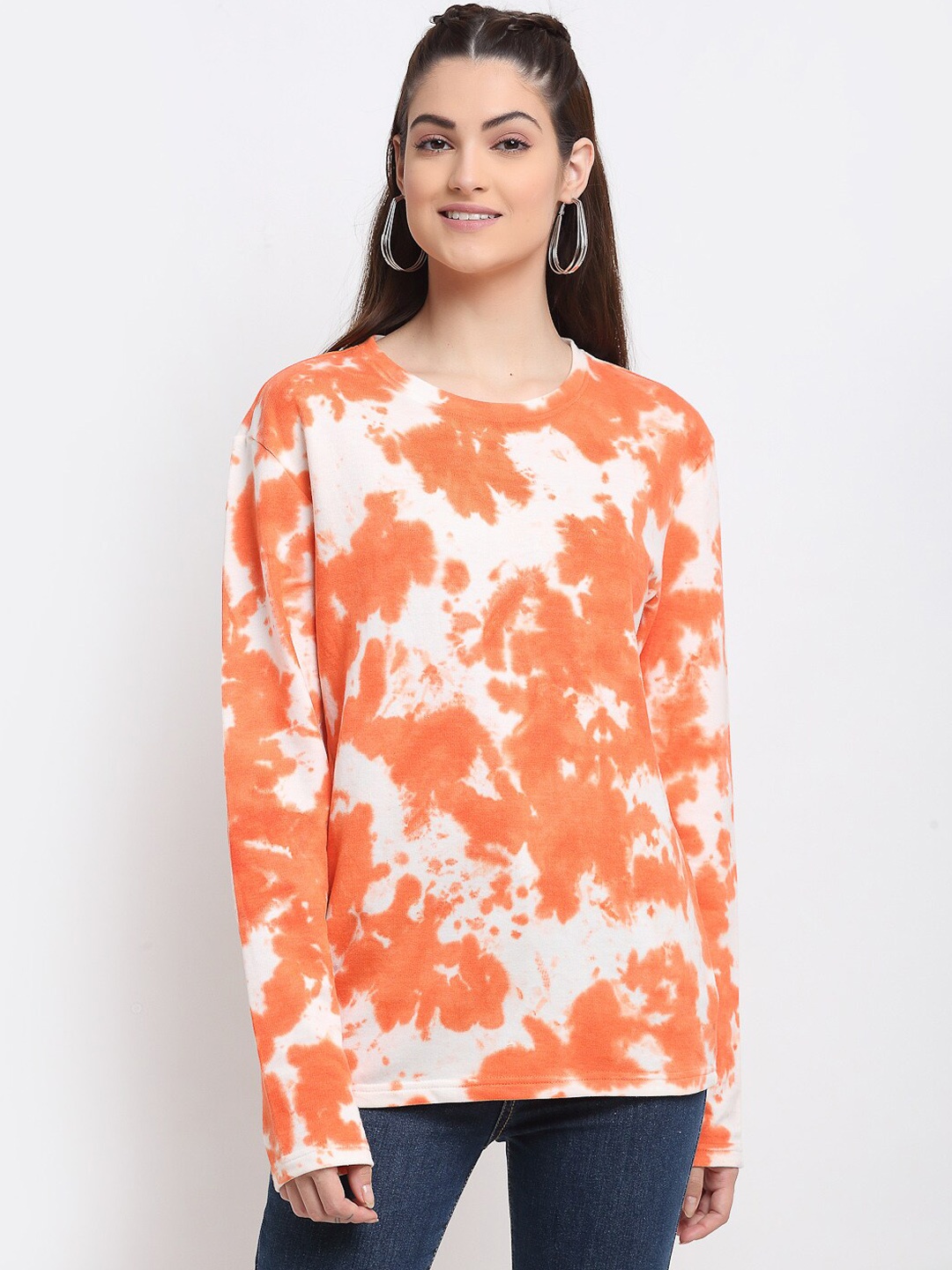 

DOOR74 Women Orange Printed Cotton Sweatshirt