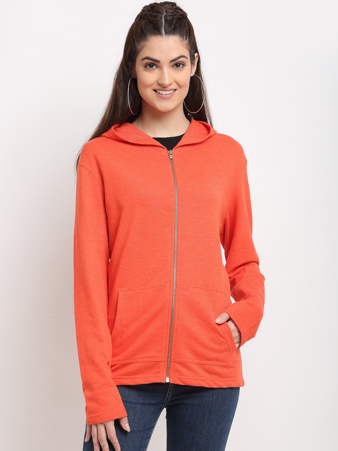 

DOOR74 Women Orange Hooded Sweatshirt