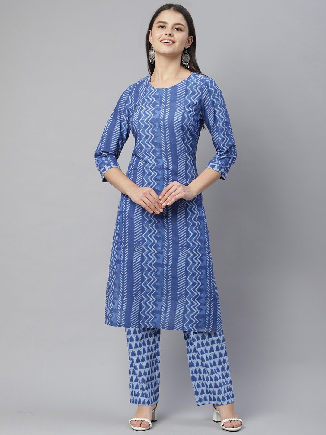 

HERE&NOW Women Blue & White Ethnic Motifs Printed Pure Cotton Kurta with Trousers