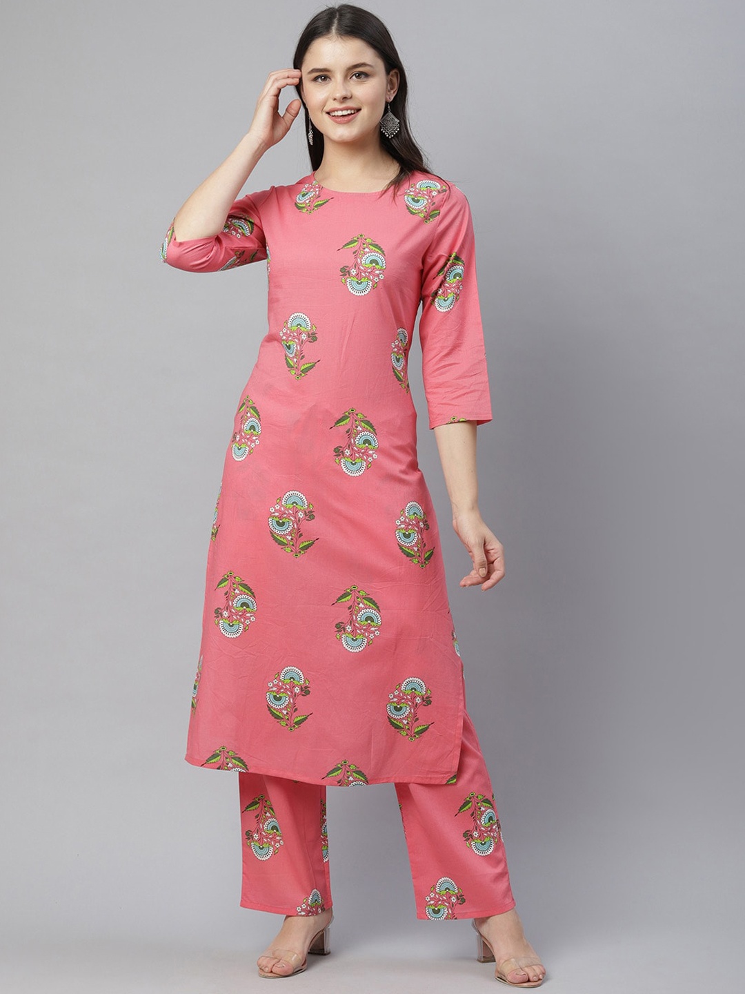 

HERE&NOW Women Pink & Blue Floral Printed Regular Pure Cotton Kurta with Trousers