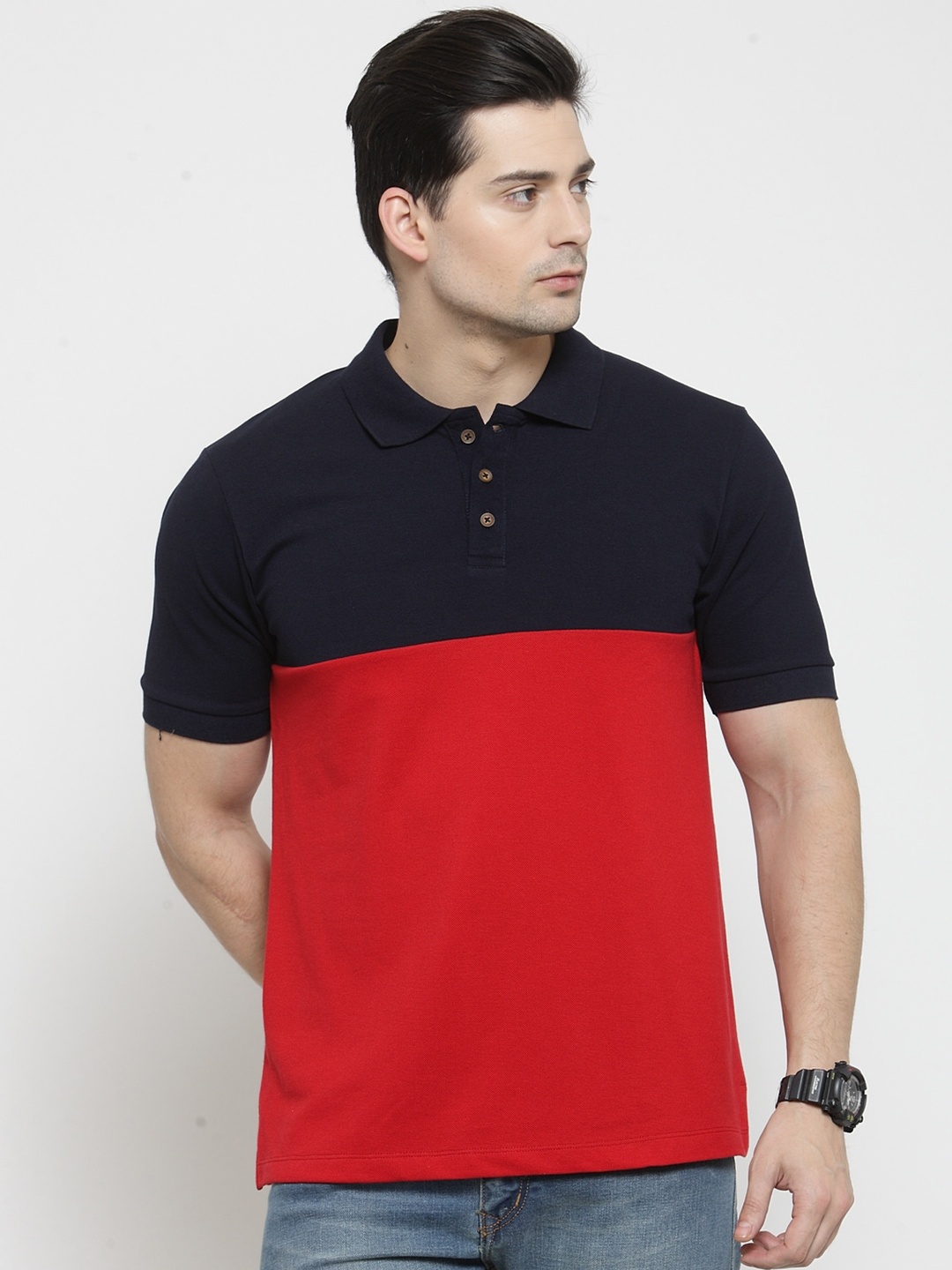 

Kalt Men Red & Navy Blue Colourblocked Polo Collar T-shirt