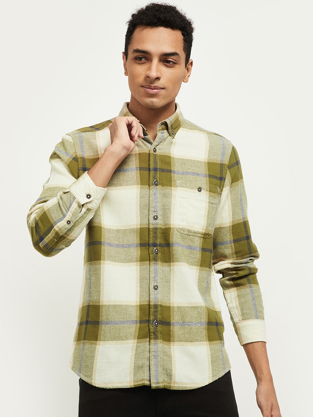 

max Men Mustard & Off White Opaque Checked Pure Cotton Casual Shirt