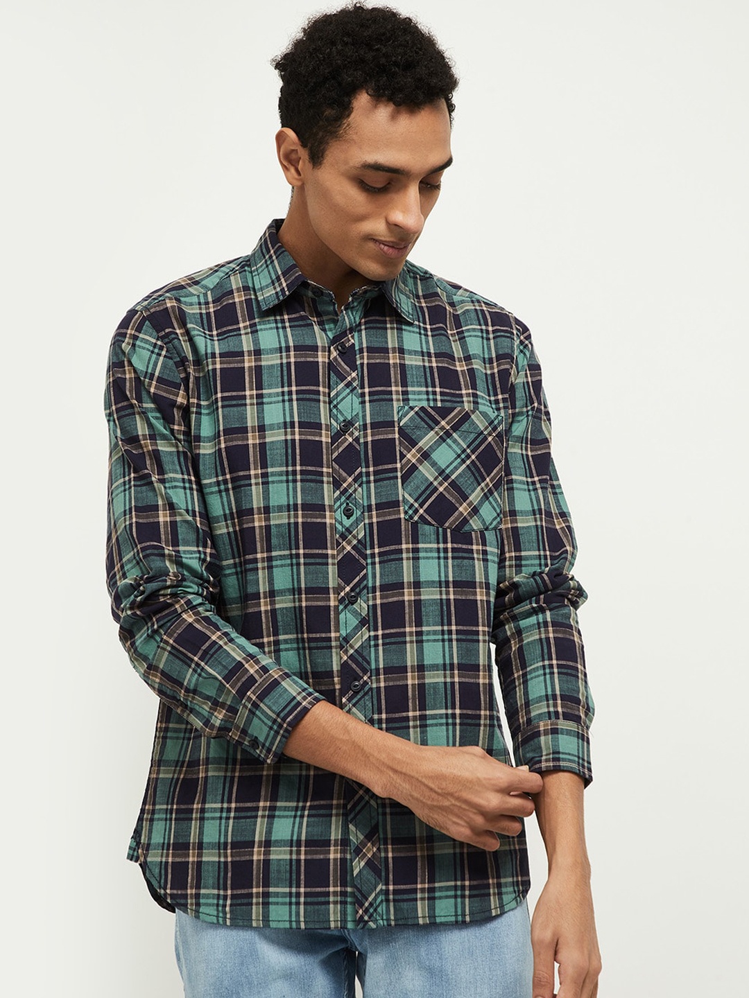 

max Men Green & Black Opaque Checked Pure Cotton Casual Shirt
